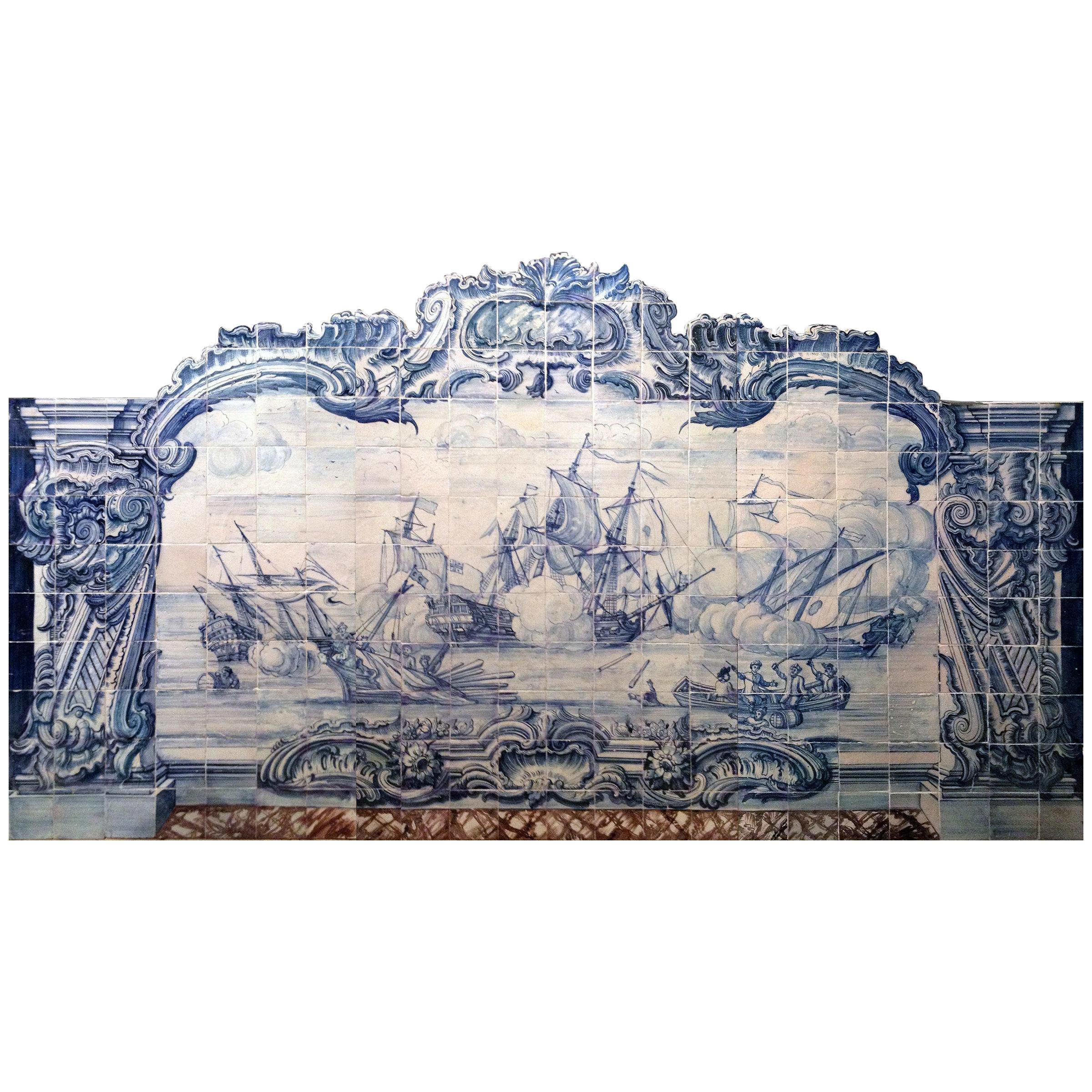 18th Century Portuguese Tiles Mural with Navy Battle in Blue For Sale