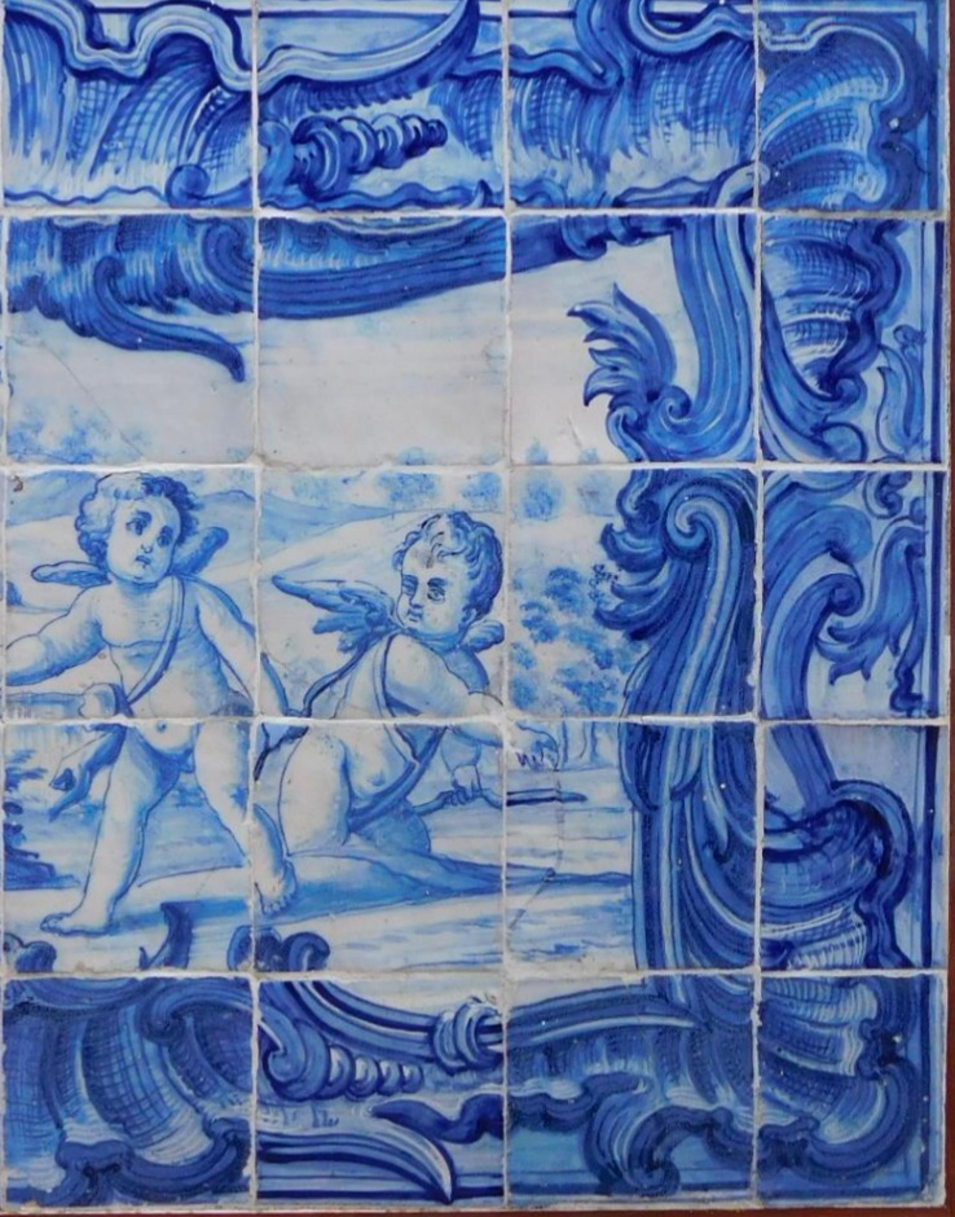 Portugiesische Kacheltafel aus dem 18. Jahrhundert „Engel beim Spielen“
1.09 x 0.72m
40 Fliesen
gute Bedingungen