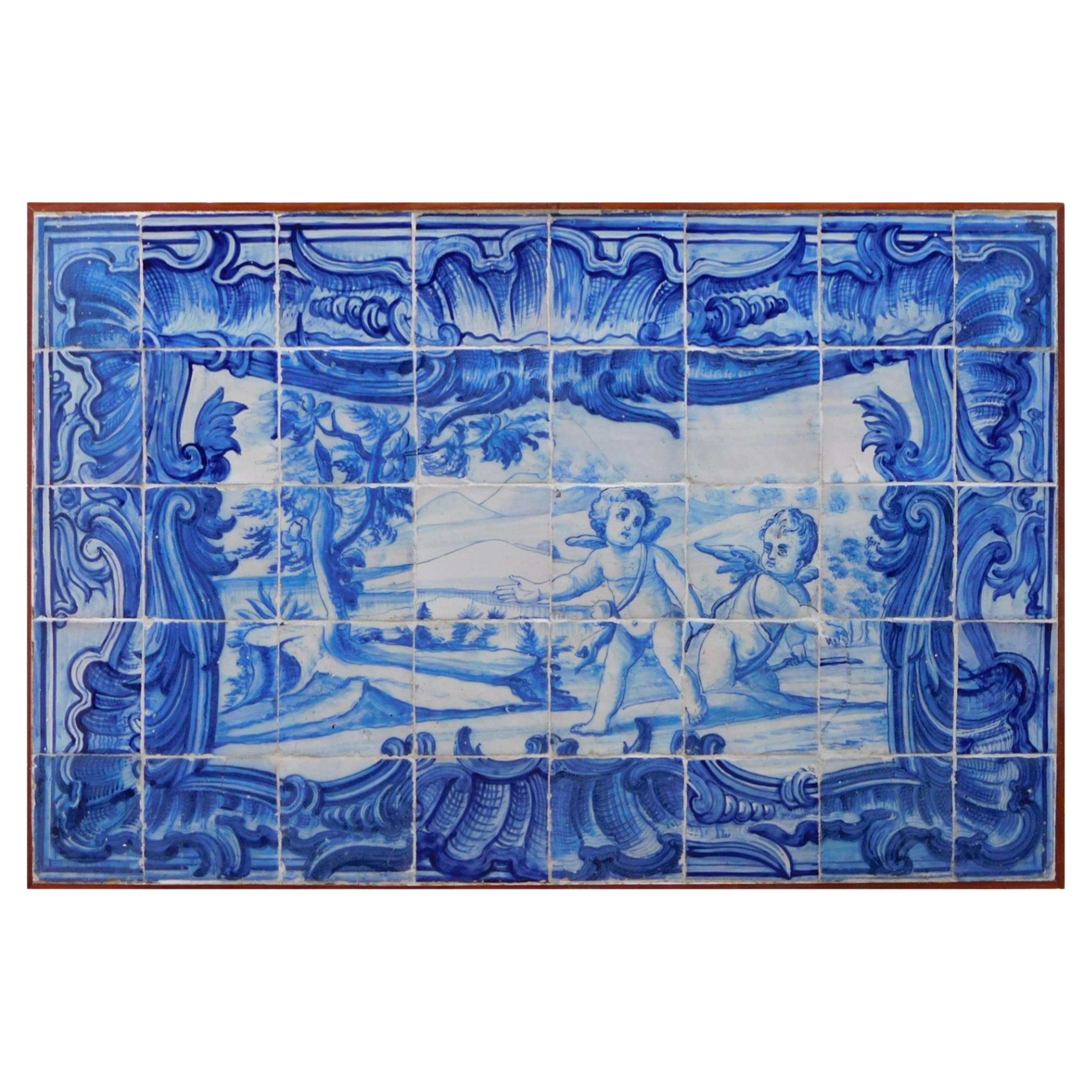 Portugiesische Kacheltafel aus dem 18. Jahrhundert „Engel beim Spielen“  im Angebot