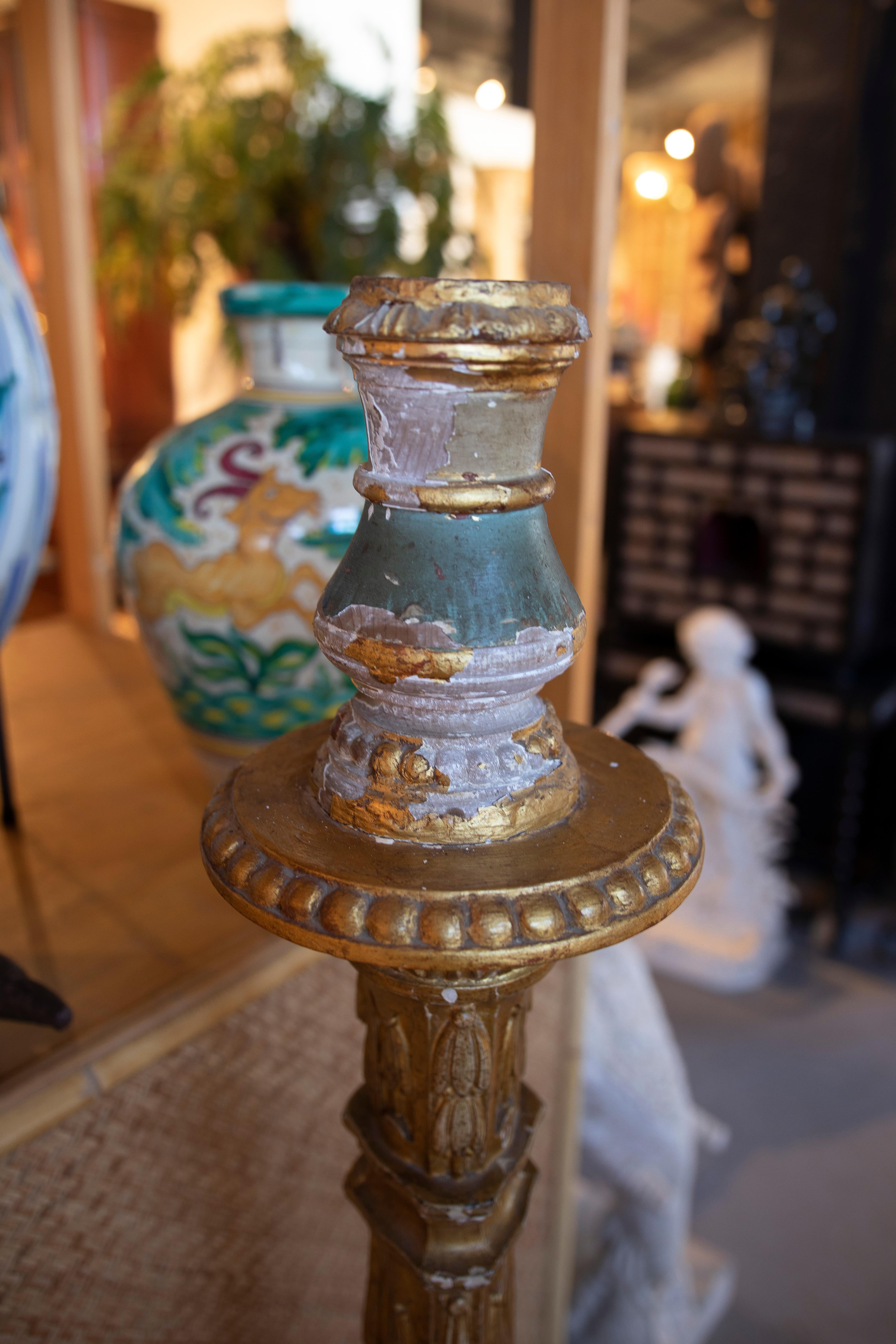 Gold 18th Century Portuguese Wooden Candle Holder with Traces of Polychromy For Sale