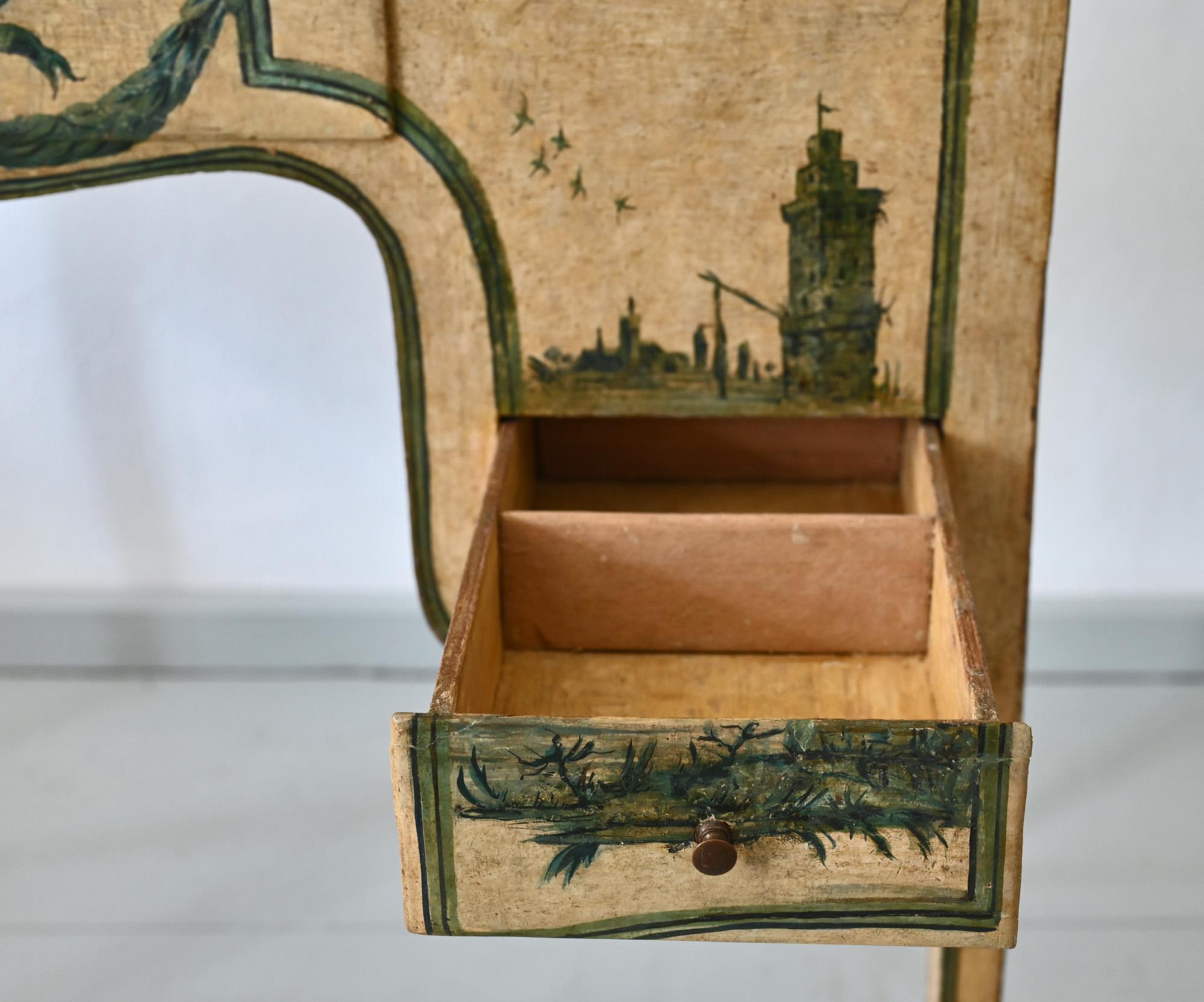 Hand-Painted 18th Century Poudreuse Writing Desk, Console Table Painted Piemont Italien For Sale