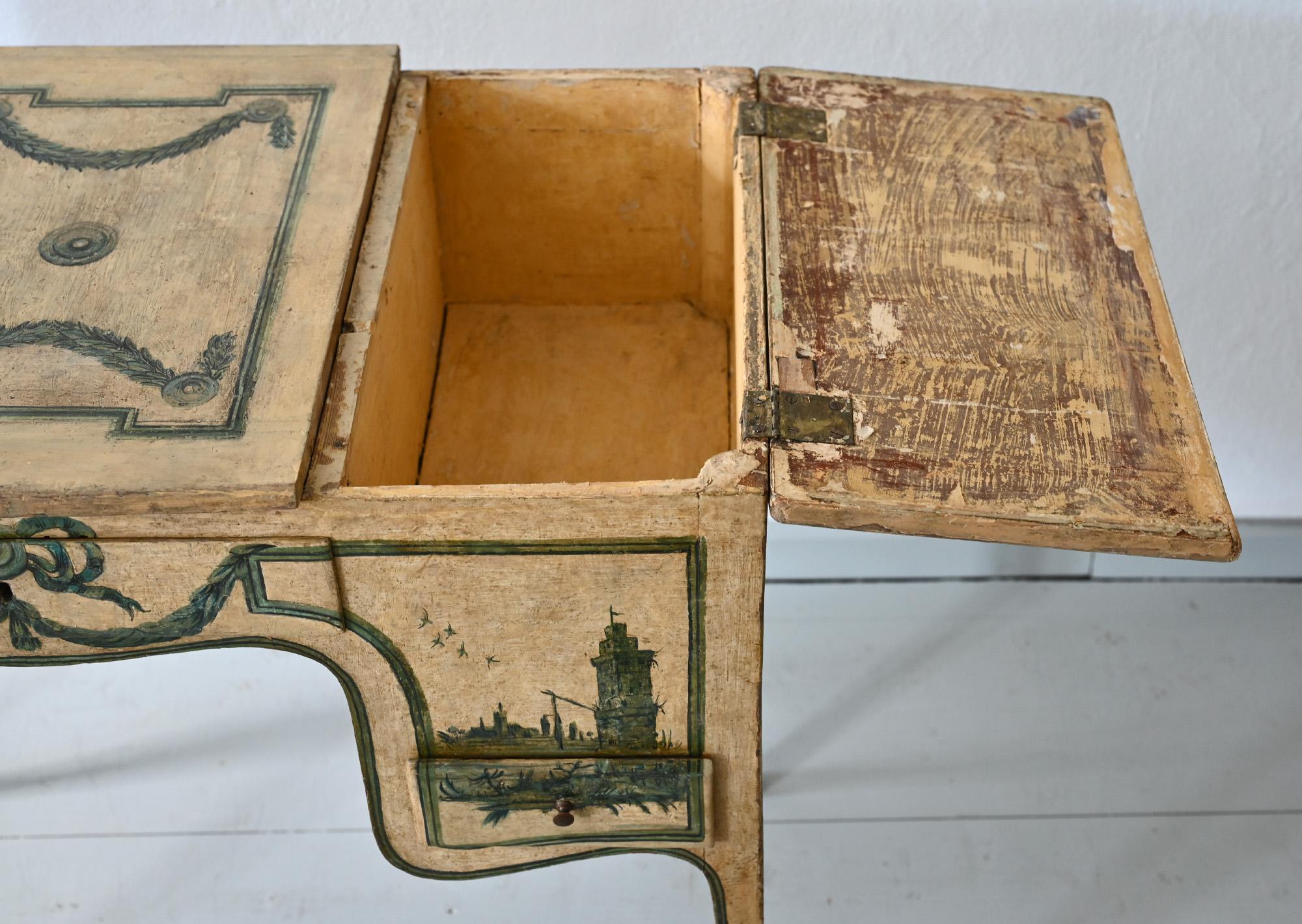 Bois Bureau Poudreuse du 18ème siècle, table console peinte Piemont Italien en vente