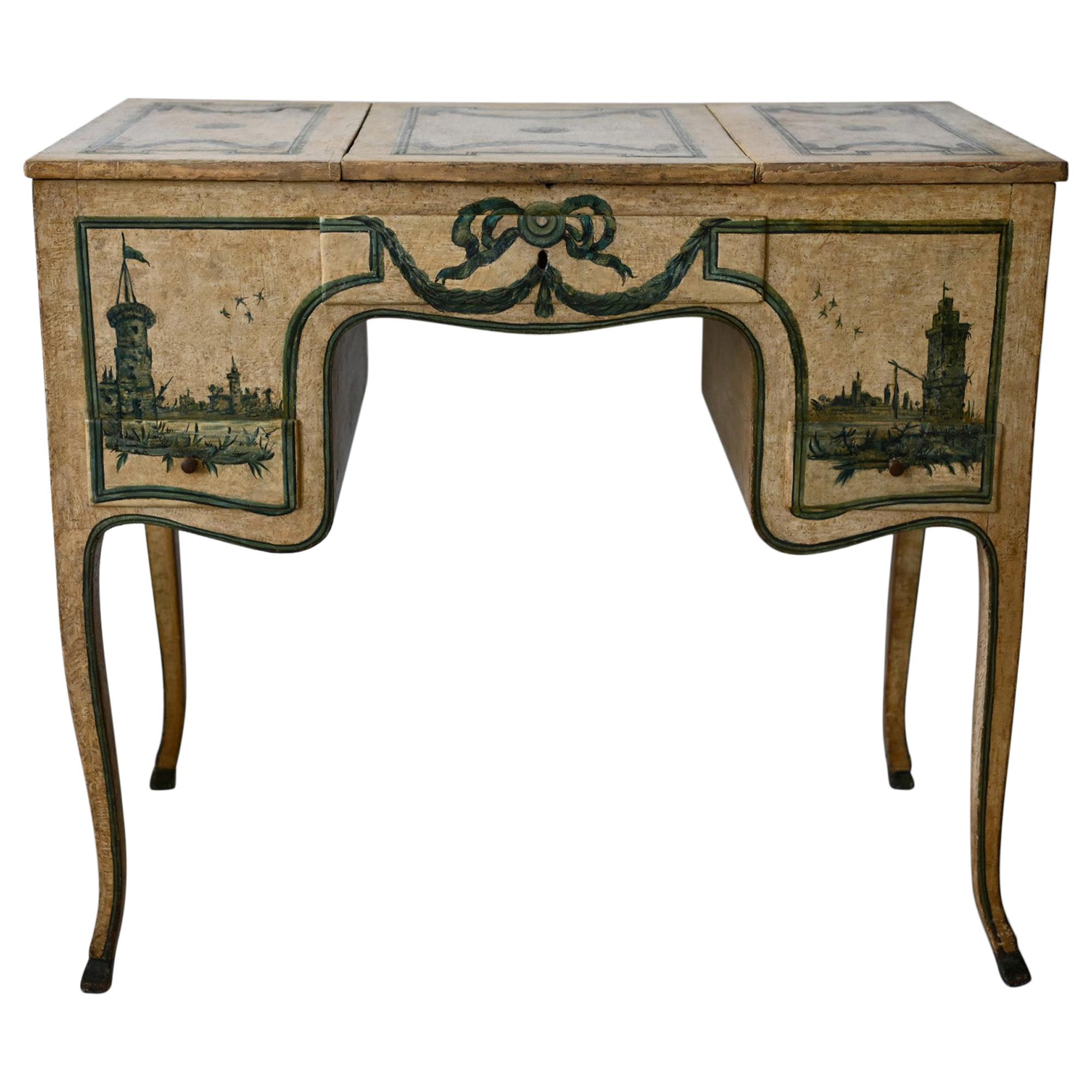 18th Century Poudreuse Writing Desk, Console Table Painted Piemont Italien For Sale