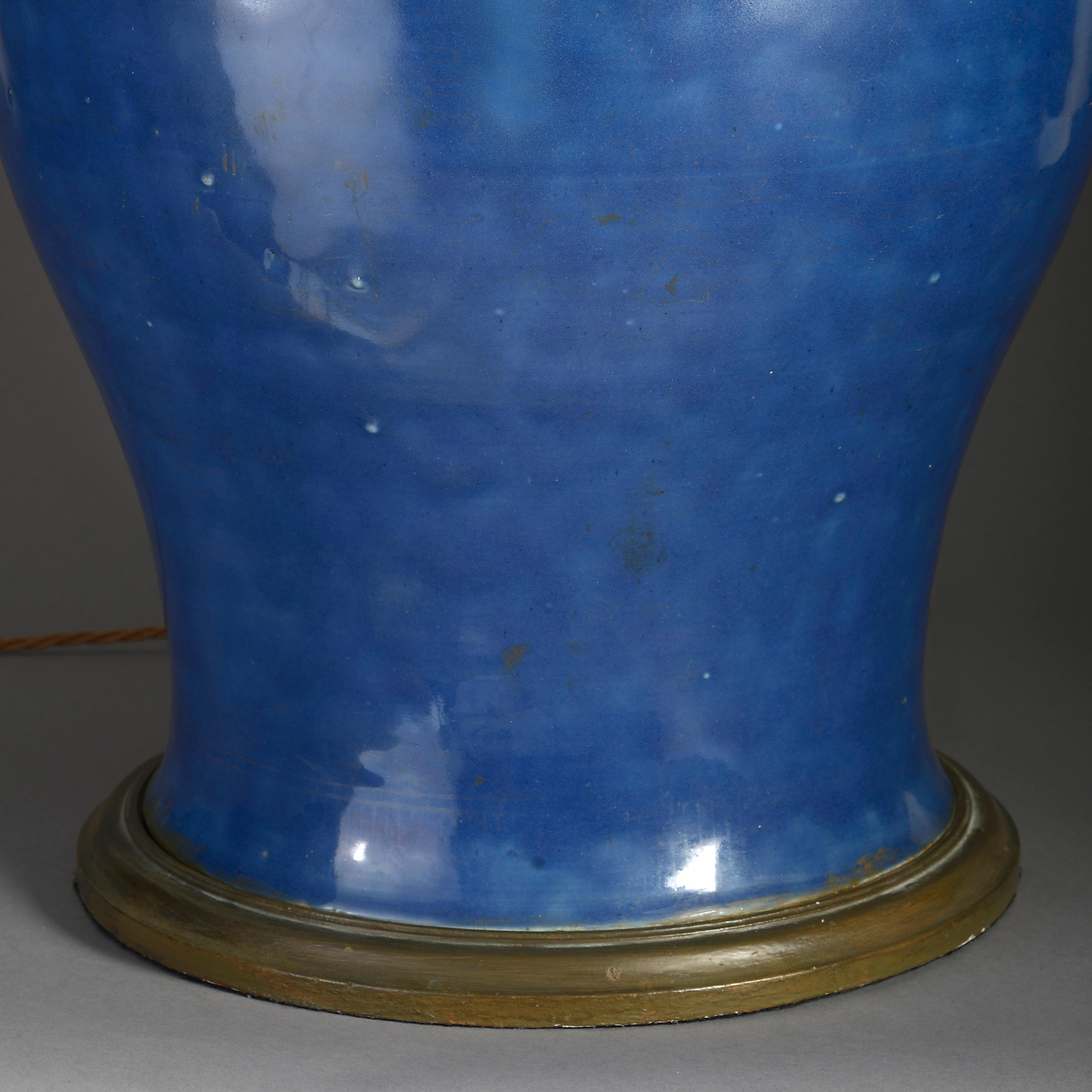 Chinese 18th Century Powder Blue Porcelain Vase Lamp