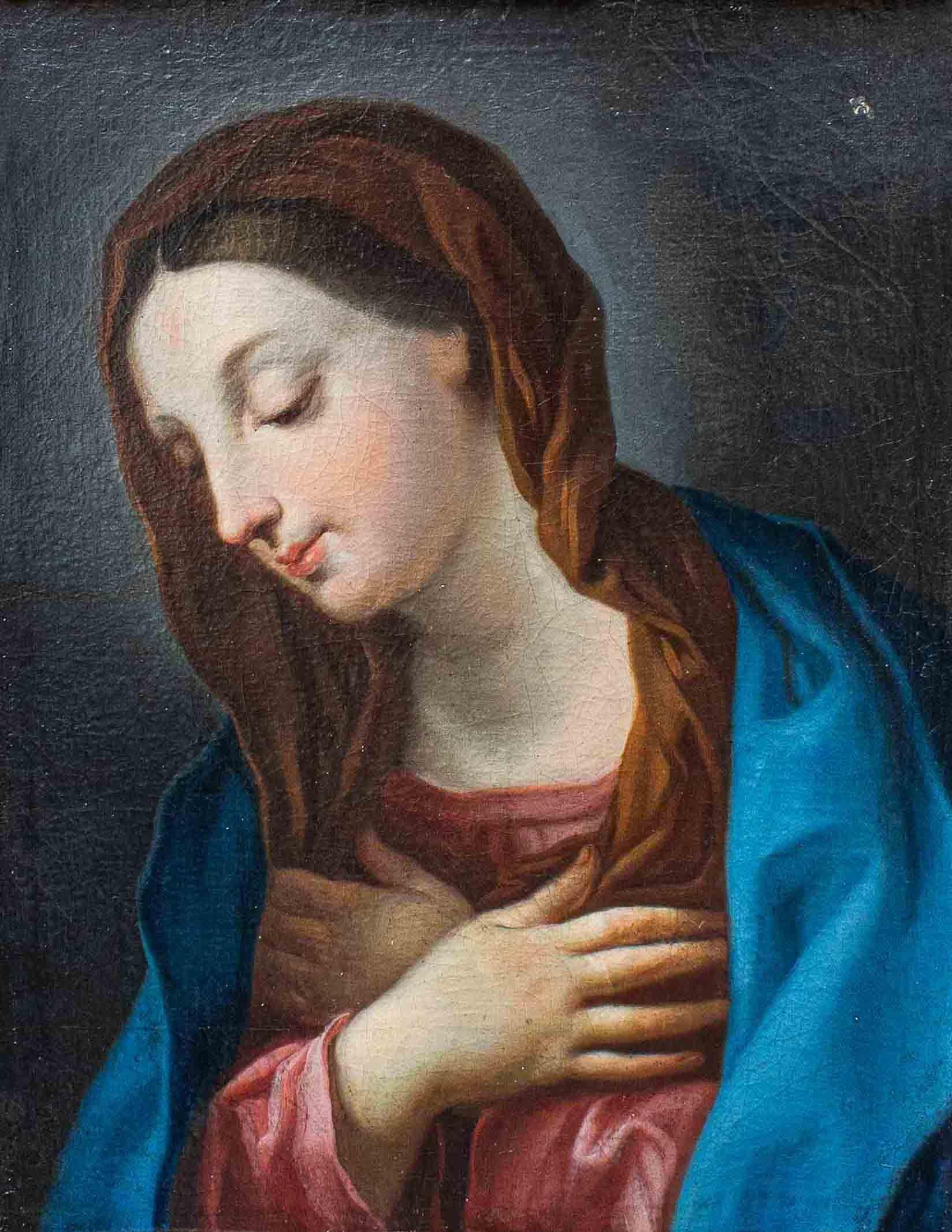 Emilian school, 18th century.
Praying Virgin.
Oil on canvas, 46 x 37 cm - with frame 69 x 53 cm.

The affected compositional and figural purism allows us to bring the present back to the context of the Emilian school that flourished in the wake