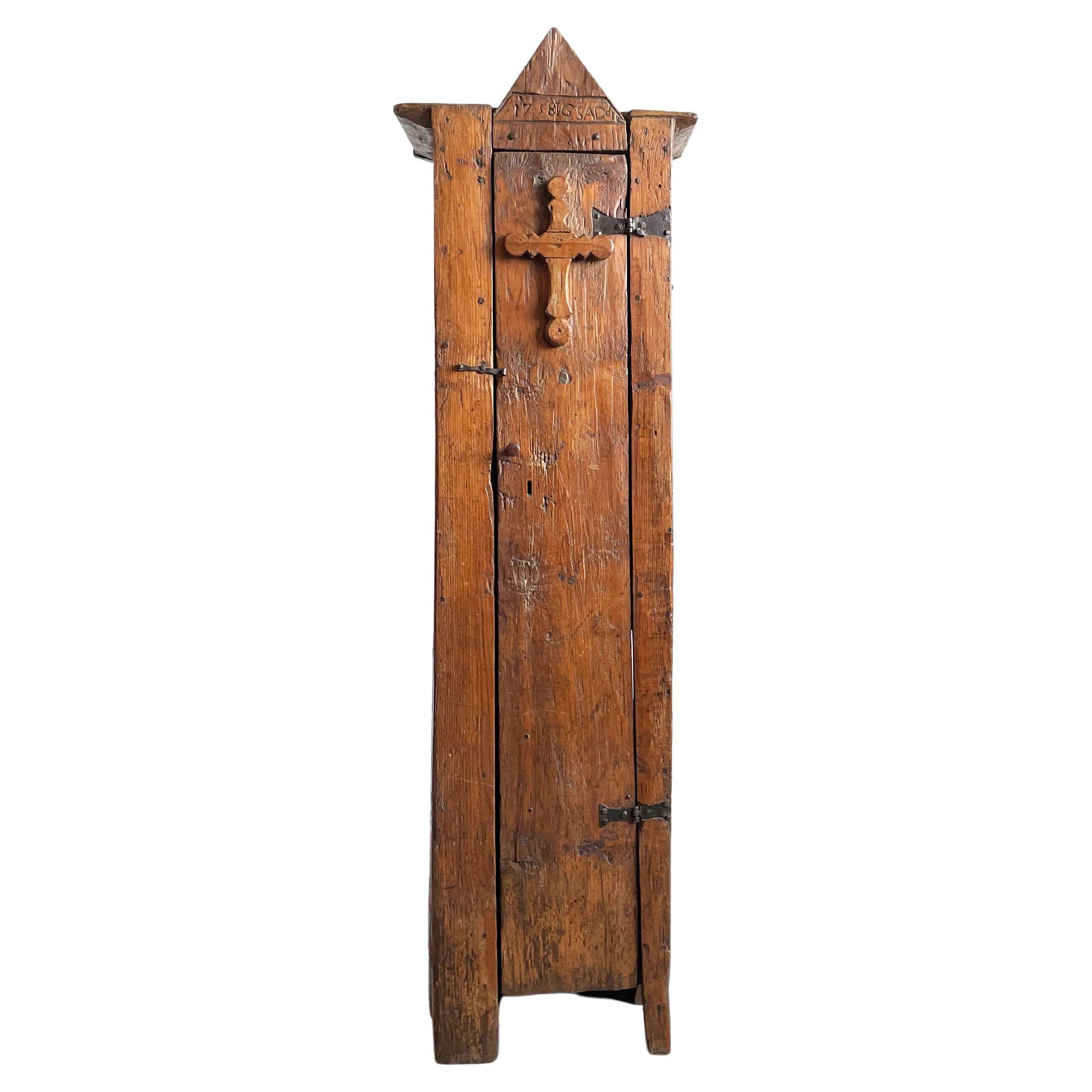 18th Century Primitive Folk Art Baroque Era Unique Pine Cabinet Chimney Cupboard