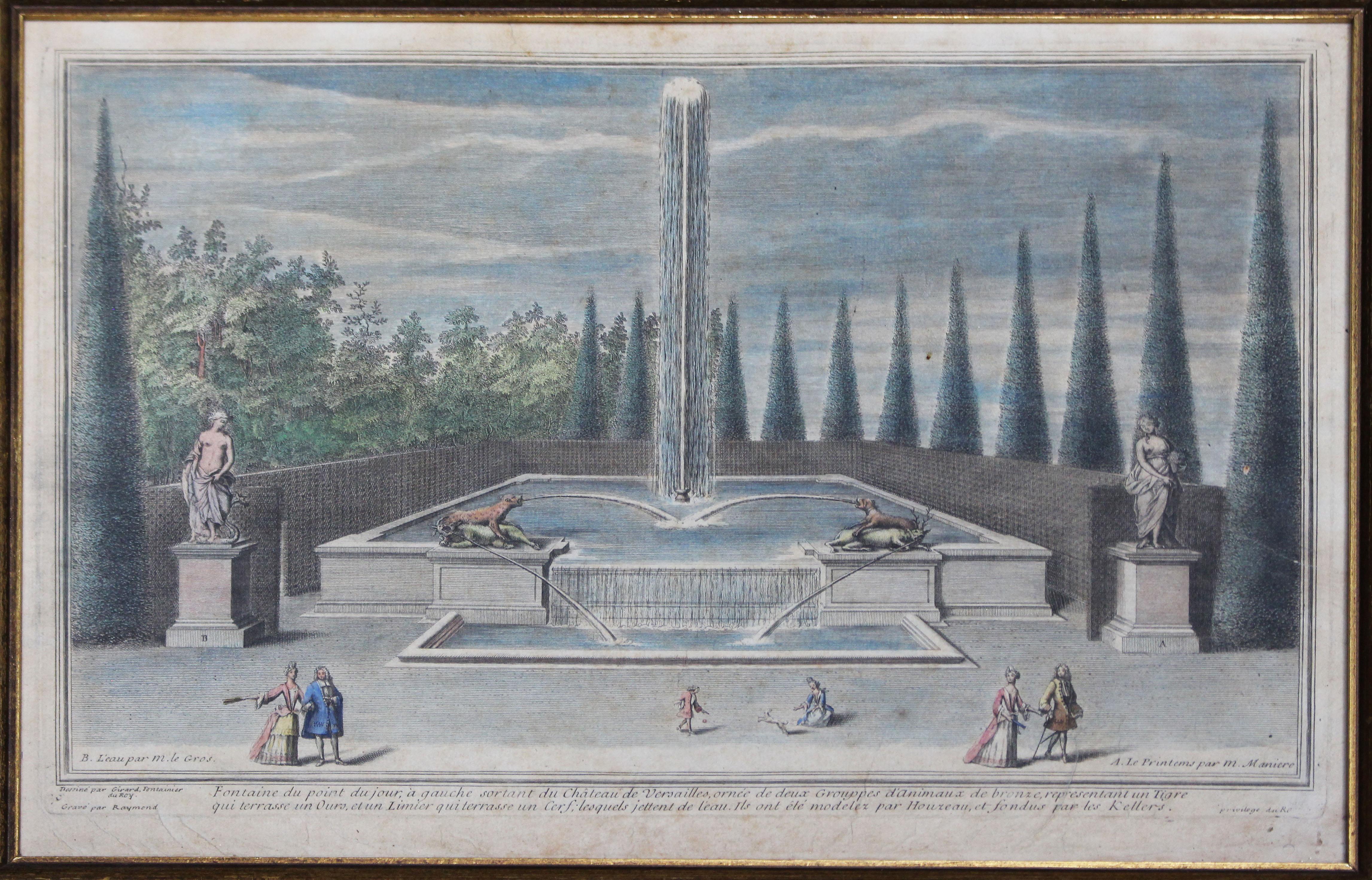 Impresión ReStrike del siglo XVIII de los bronces que adornan la Fuente del Amanecer en el Palacio de Versalles. Creado e impreso originalmente en 1687 por Jacques Houzeau, cuando se terminaron los Bronces. Estado de conservación: Coloreado a mano