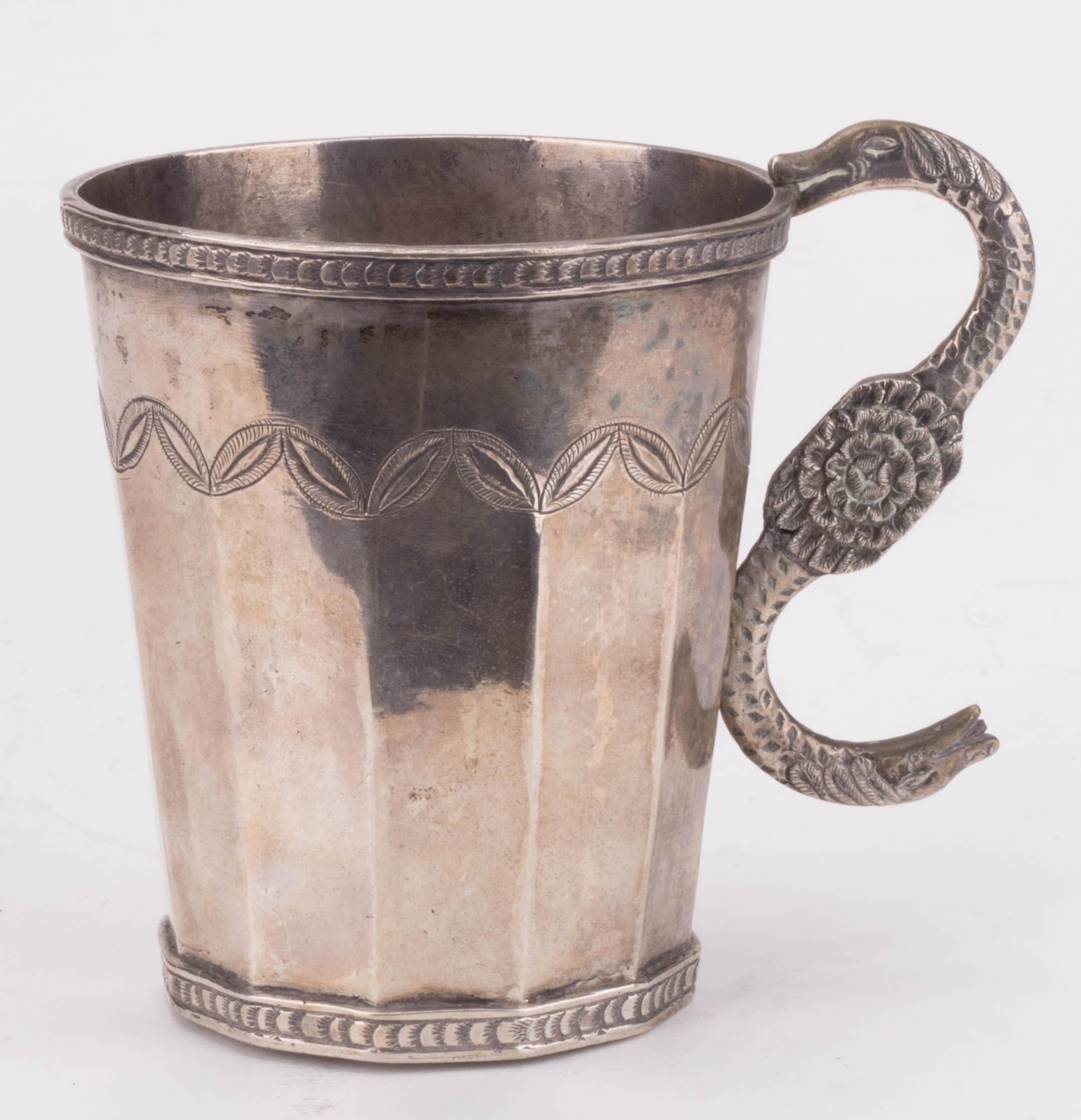 18th Century Probably Peruvian Silver Engraved Jug with Snake Shaped Handle 2