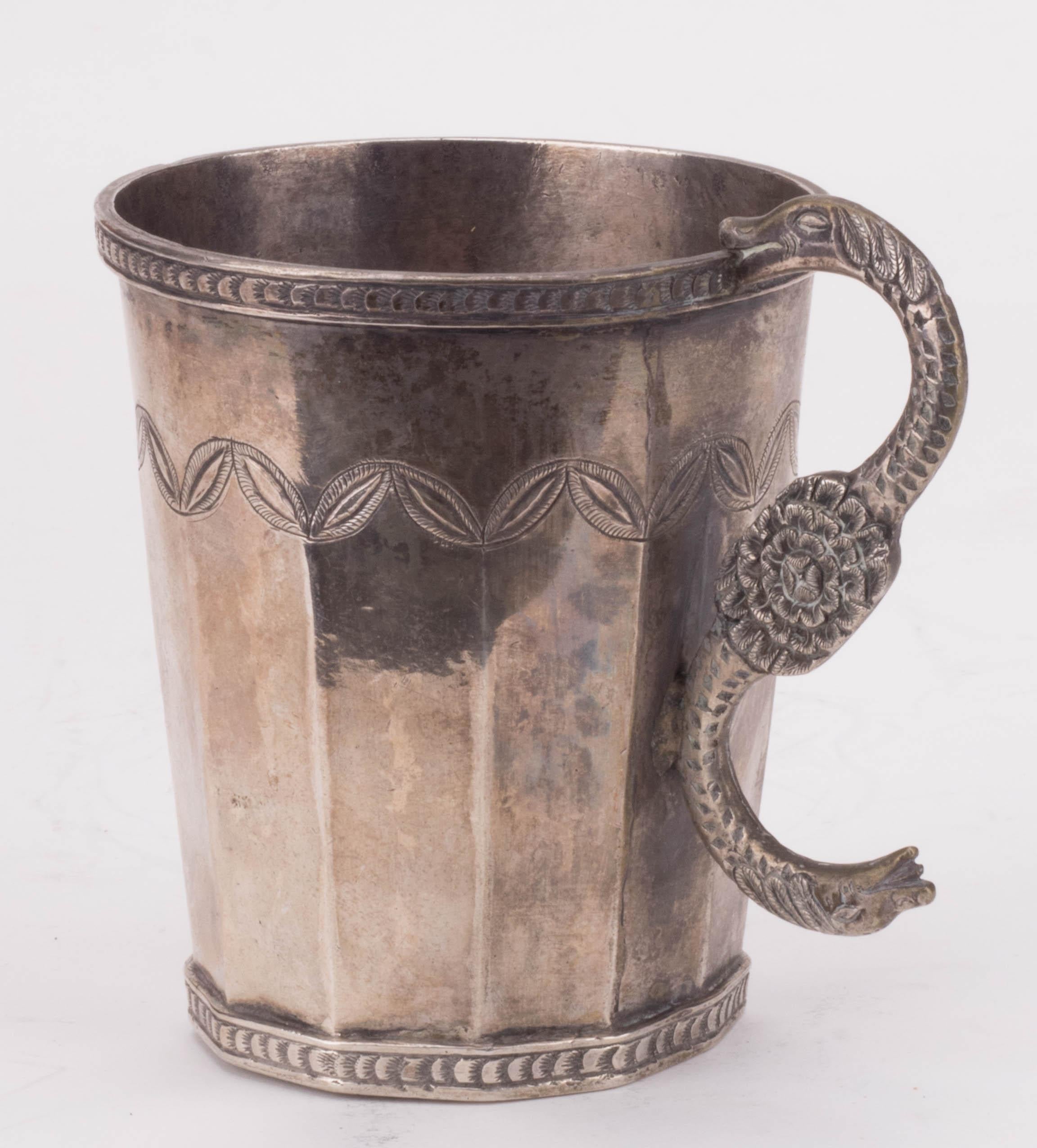 18th Century Probably Peruvian Silver Engraved Jug with Snake Shaped Handle 3