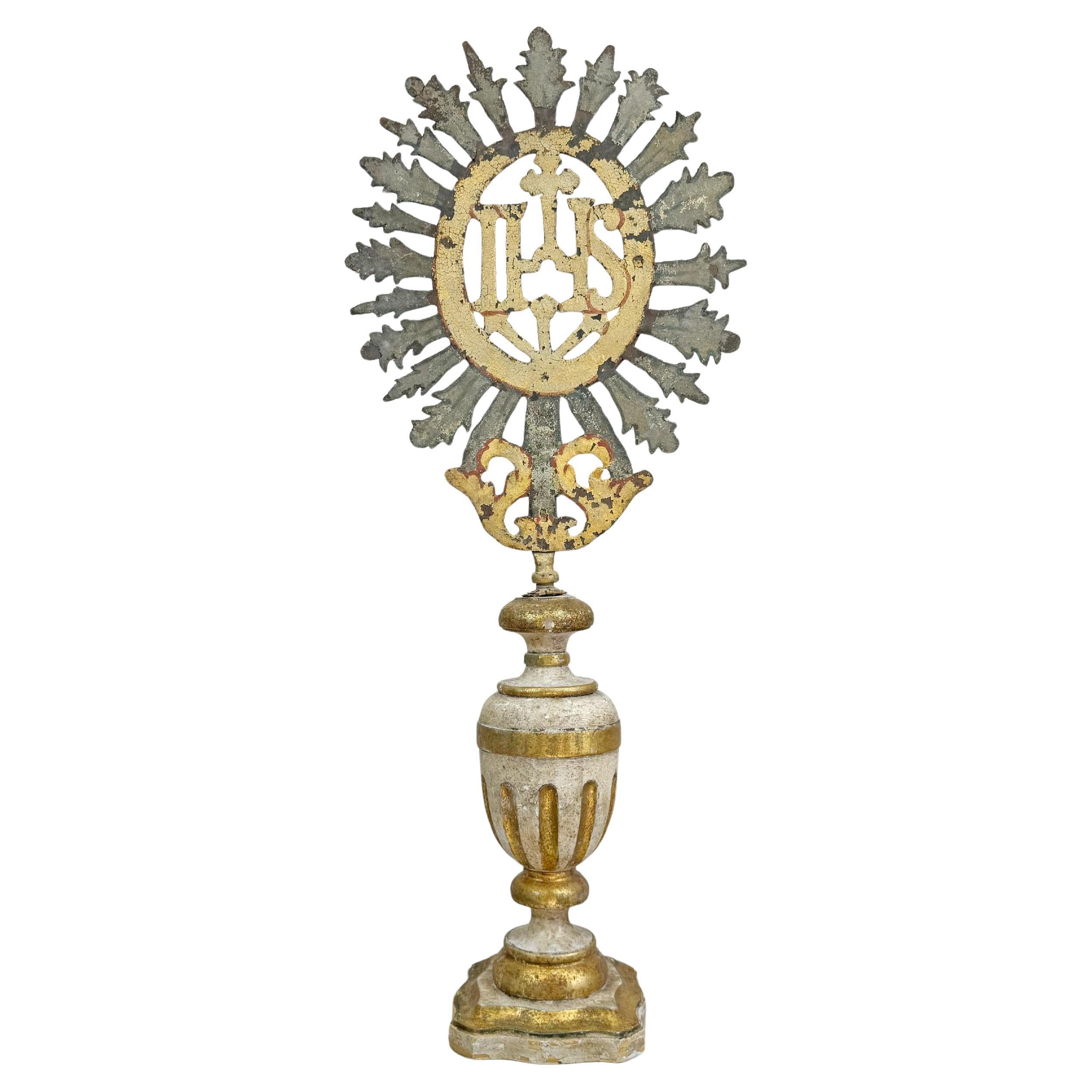 18th Century Processional Gilt Iron IHS Cross Mounted on a Baroque Altar Vase