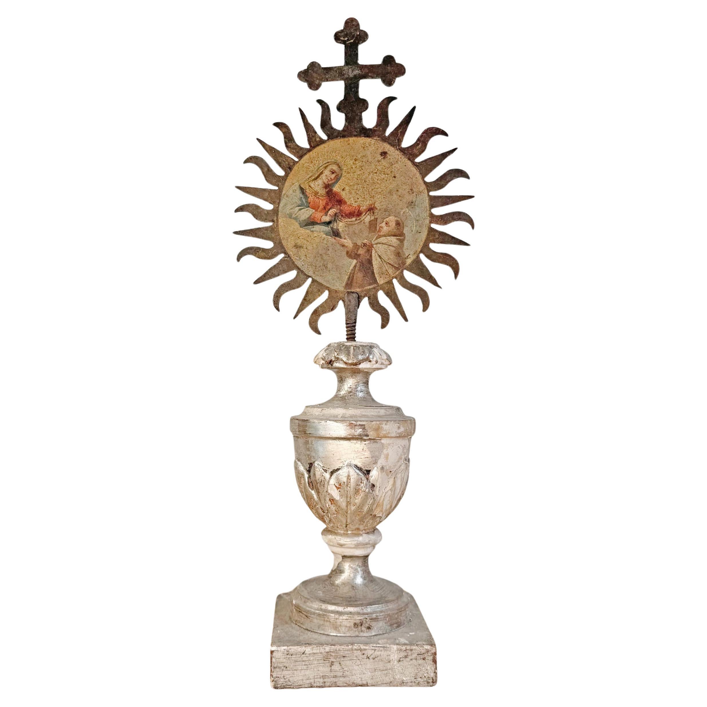 18th Century Processional Painted Sunburst on a Baroque Silver Gilt Altar Vase