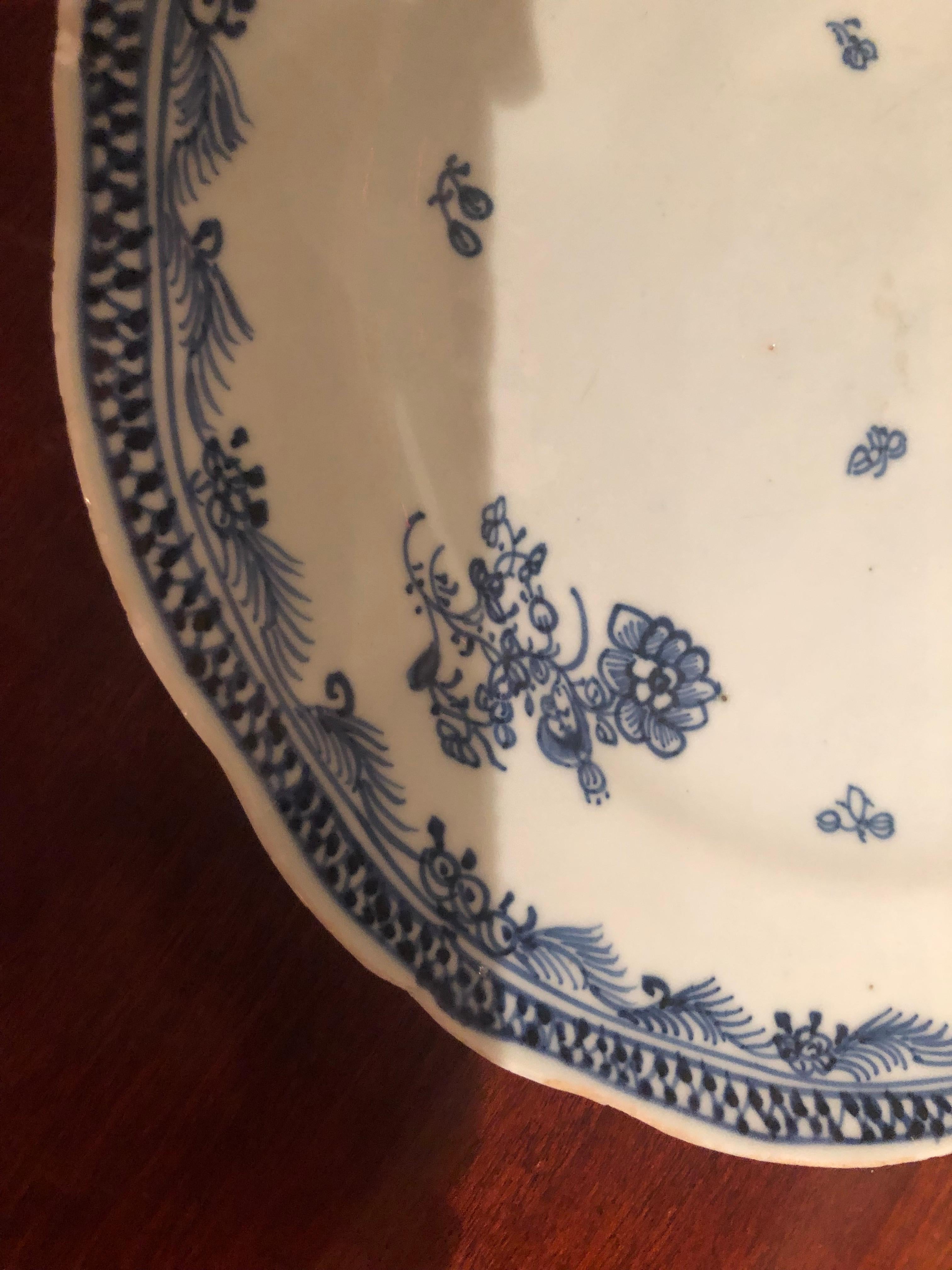 Glazed 18th Century Qianlong Chinese Porcelain Blue & White Plate with Flowers For Sale