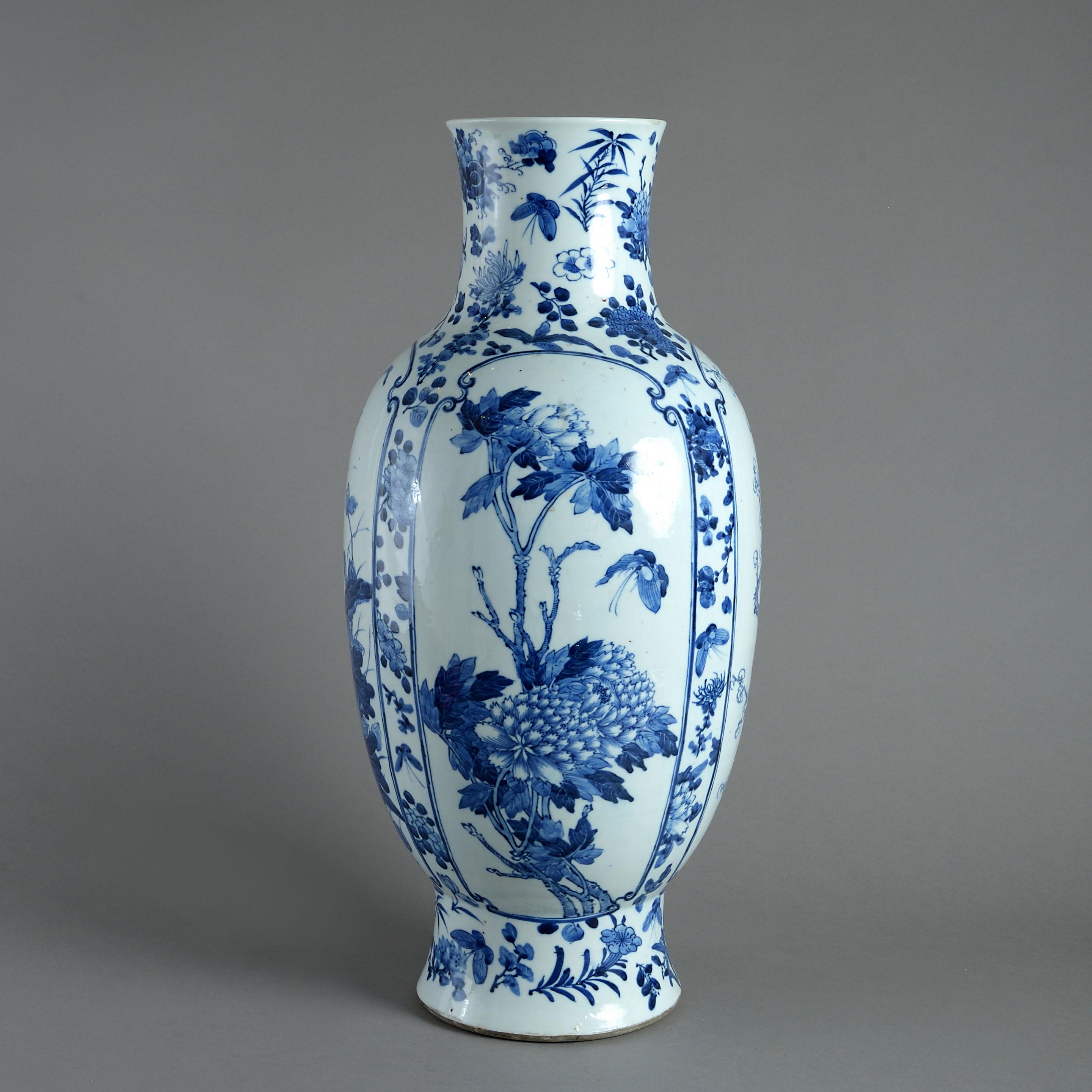 A fine late 18th century blue and white glazed vase of good scale and generous form, decorated throughout with floral and foliate panels depicting the four seasons of the year. 

Qing dynasty, Qianlong period (1736-1795).

Condition, good with