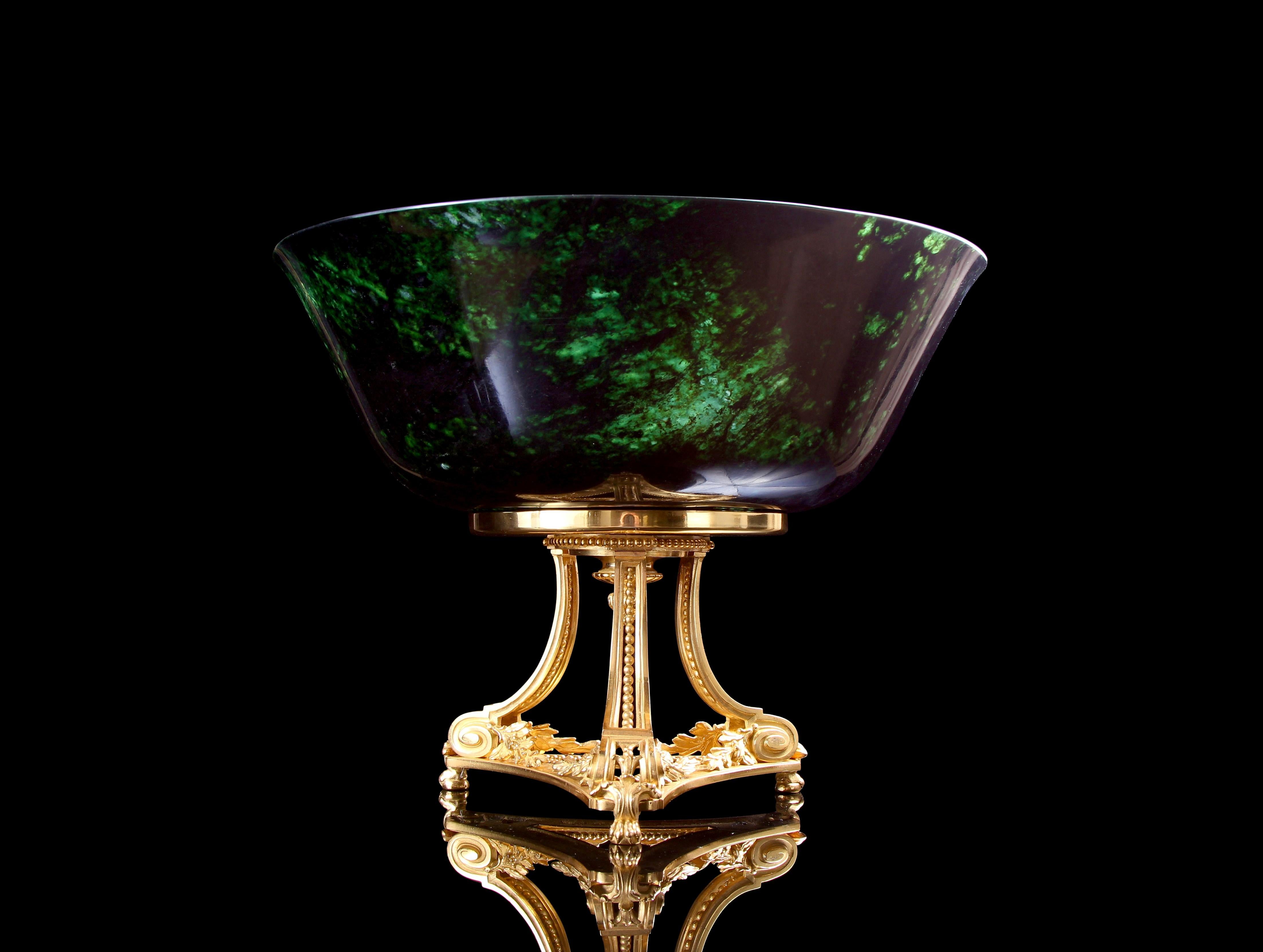 Magnificent Grand Scale Late 18th Century Qianlong Period Spinach Green Jade Bowl On 19th Century Gilt Bronze Stand By Henri Picard. To have created a sculptural bowl of this exceptionally fine form & scale, from this most highly prized & valuable