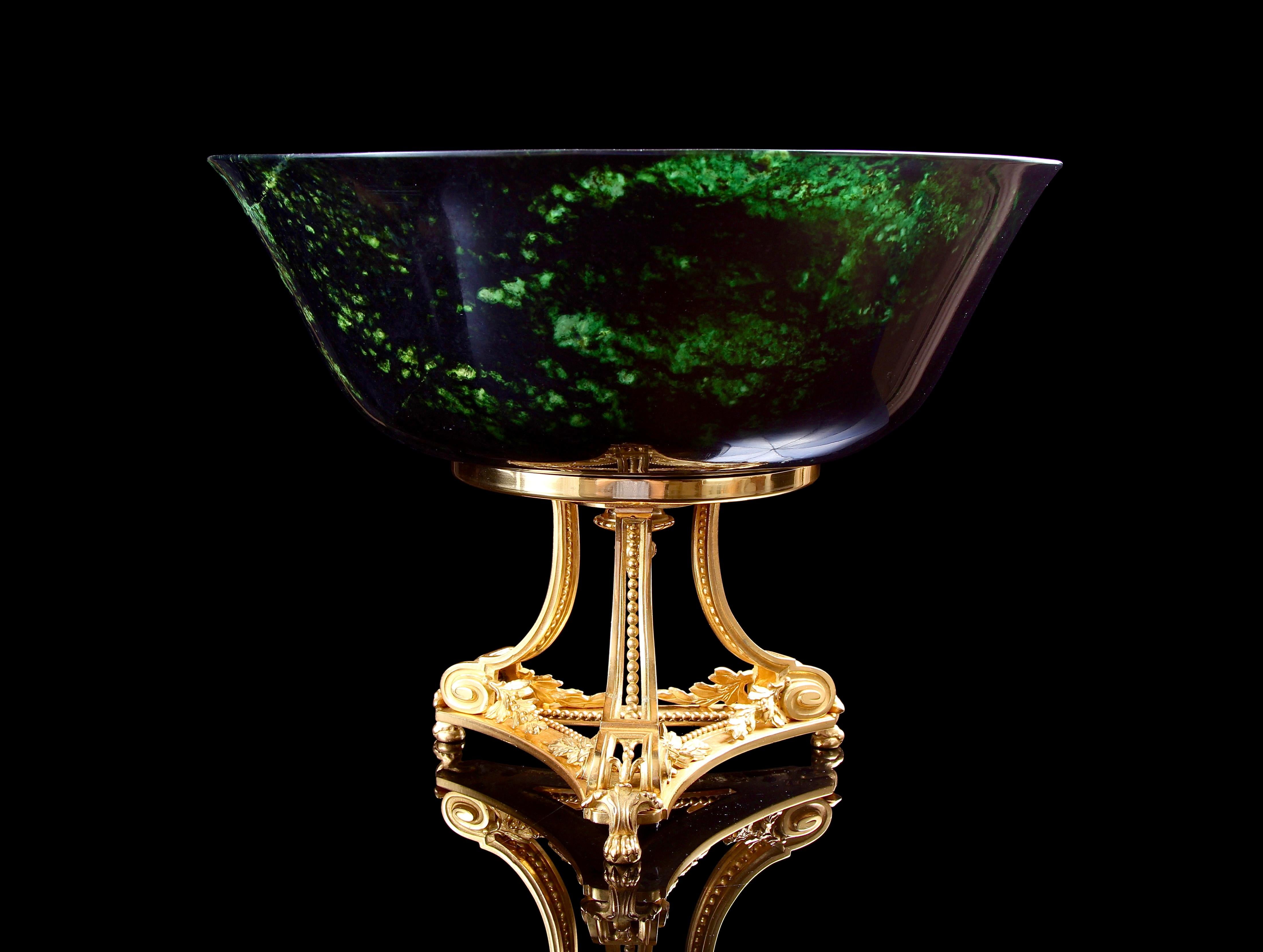 18th Century and Earlier 18th Century Qianlong Spinach Green Jade Bowl On 19th Century Gilt Bronze For Sale