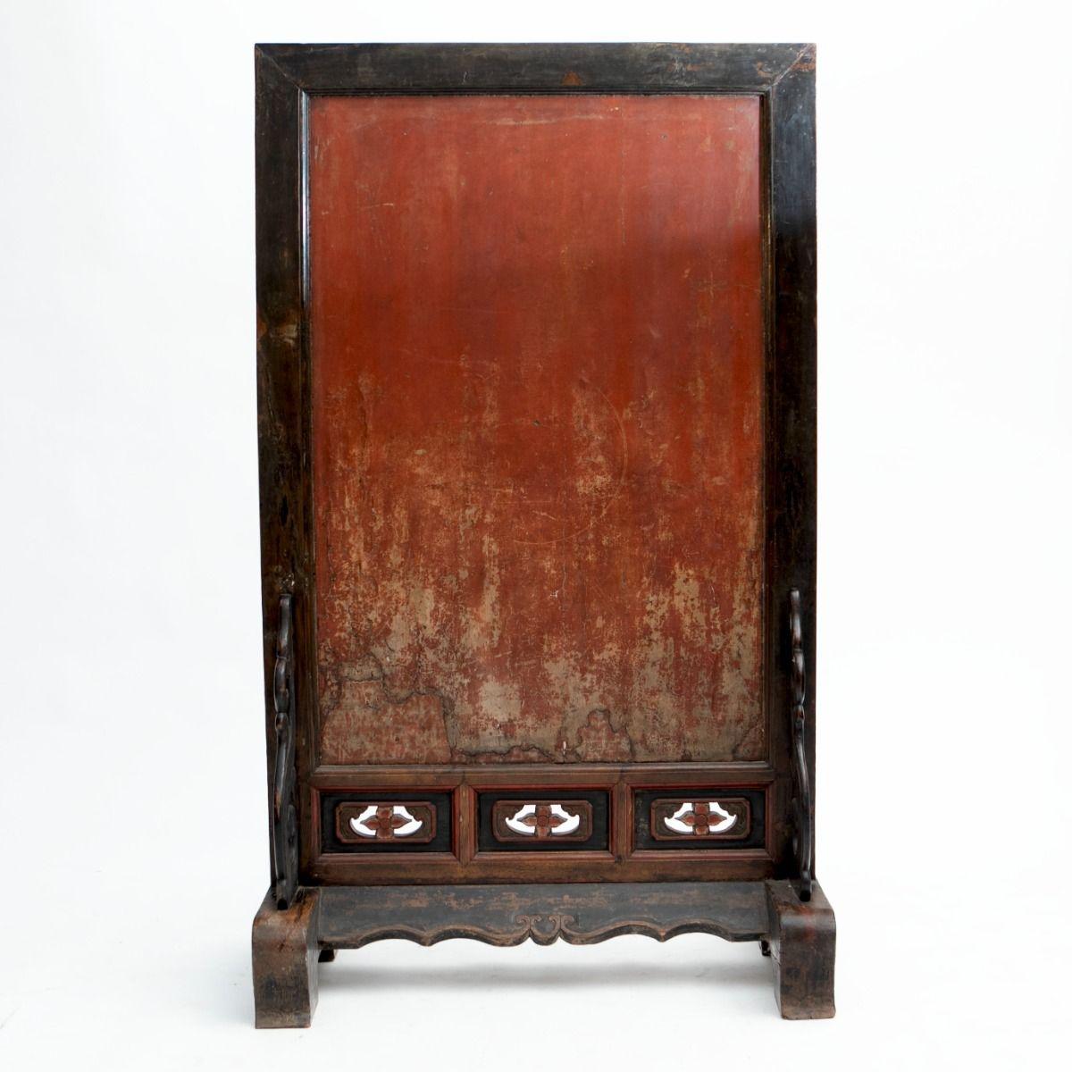 Wood 18th Century Qing Dynasty Chinese Lacquer Screen with Calligraphy For Sale