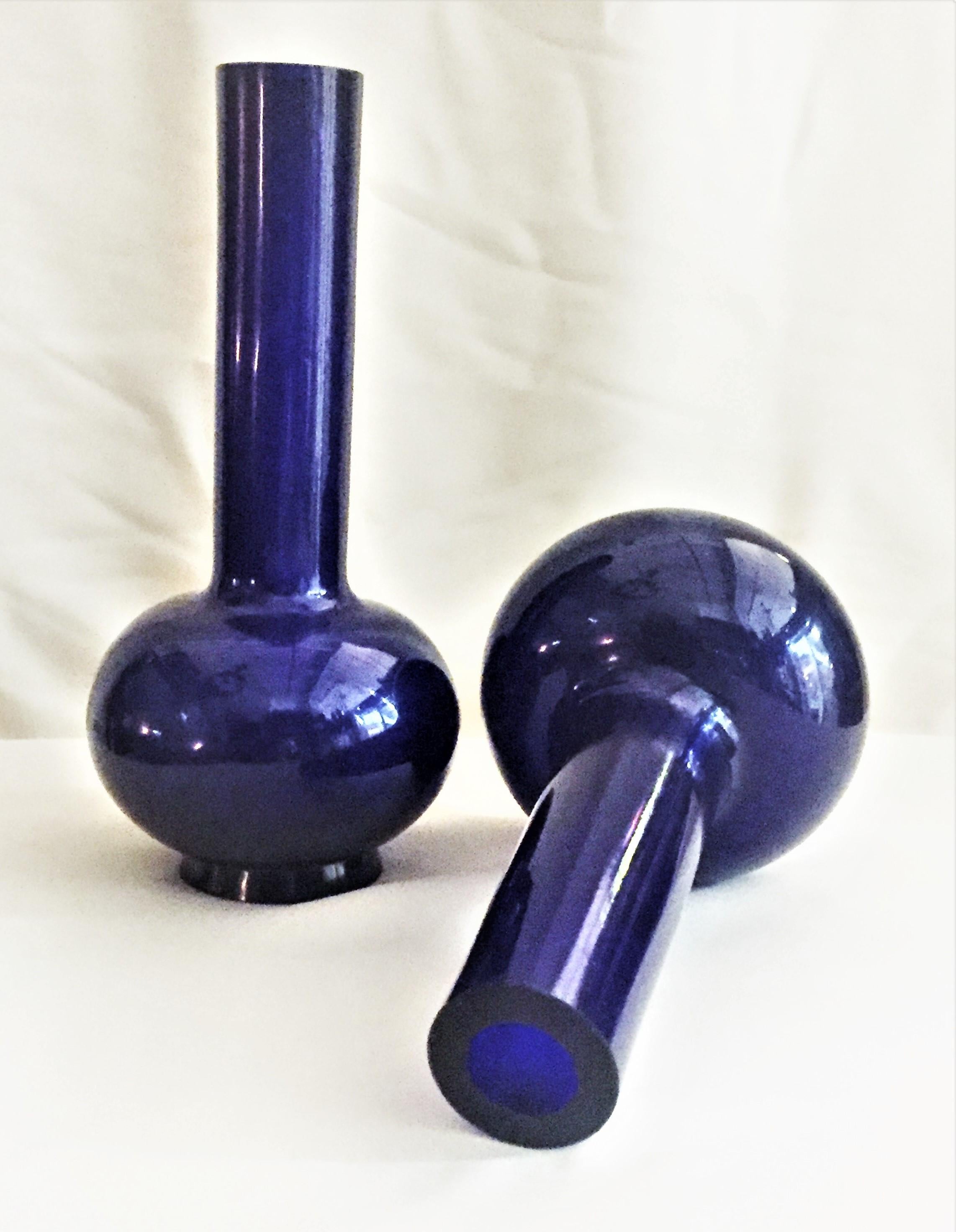 Chinese Qing Period, a Pair of Cobalt-Blue Peking Glass Bottle Vases, circa 1750s