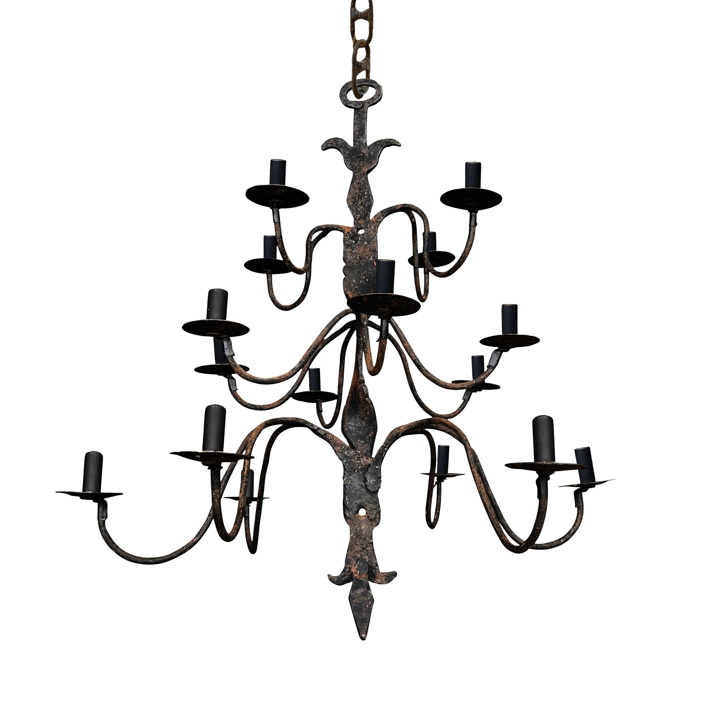 Rustic 18th Century Quebecois Wrought-Iron Sixteen-Arm Chandelier
