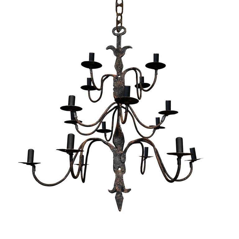 Rustic 18th Century Quebecois Wrought-Iron Sixteen-Arm Chandelier For Sale