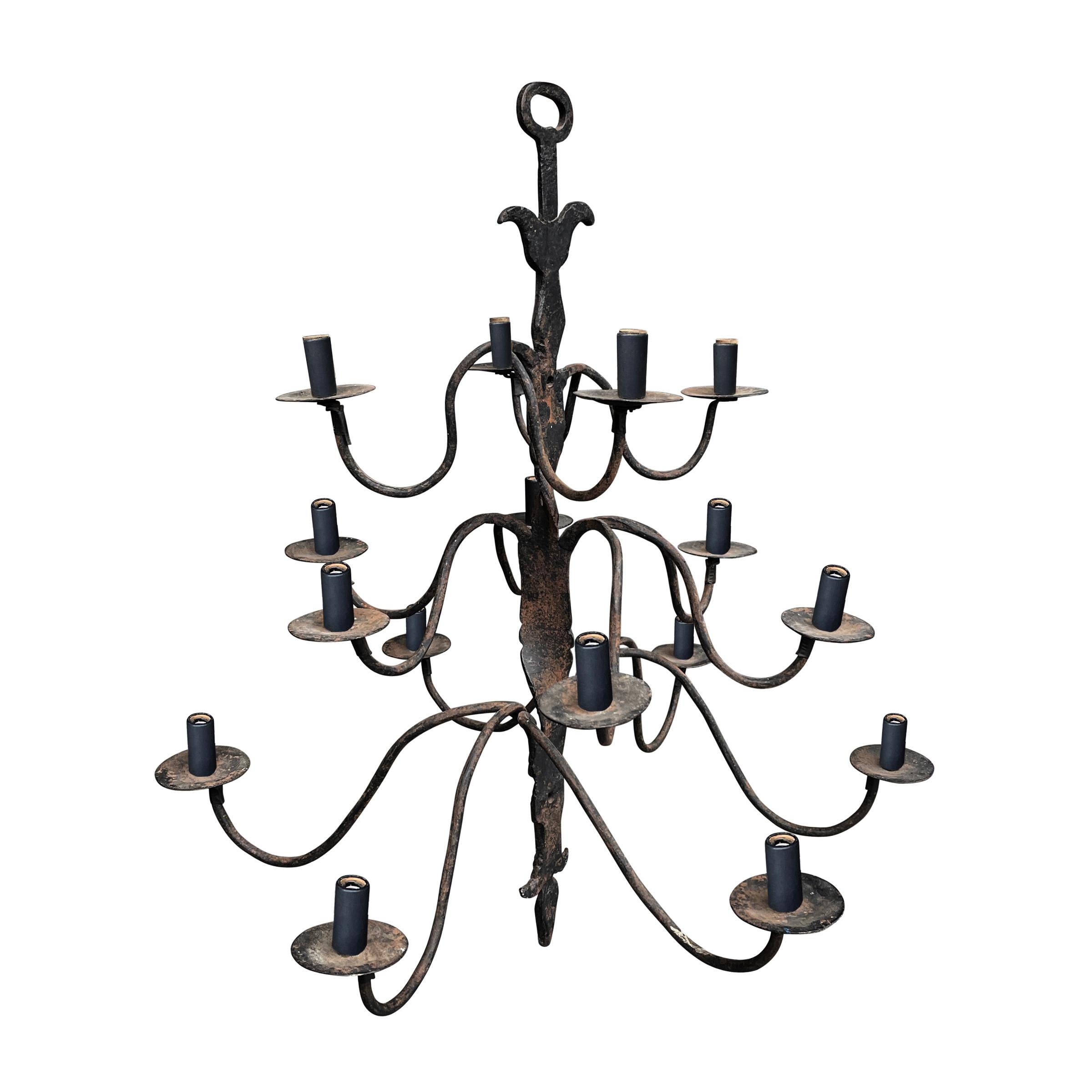 18th Century and Earlier 18th Century Quebecois Wrought-Iron Sixteen-Arm Chandelier