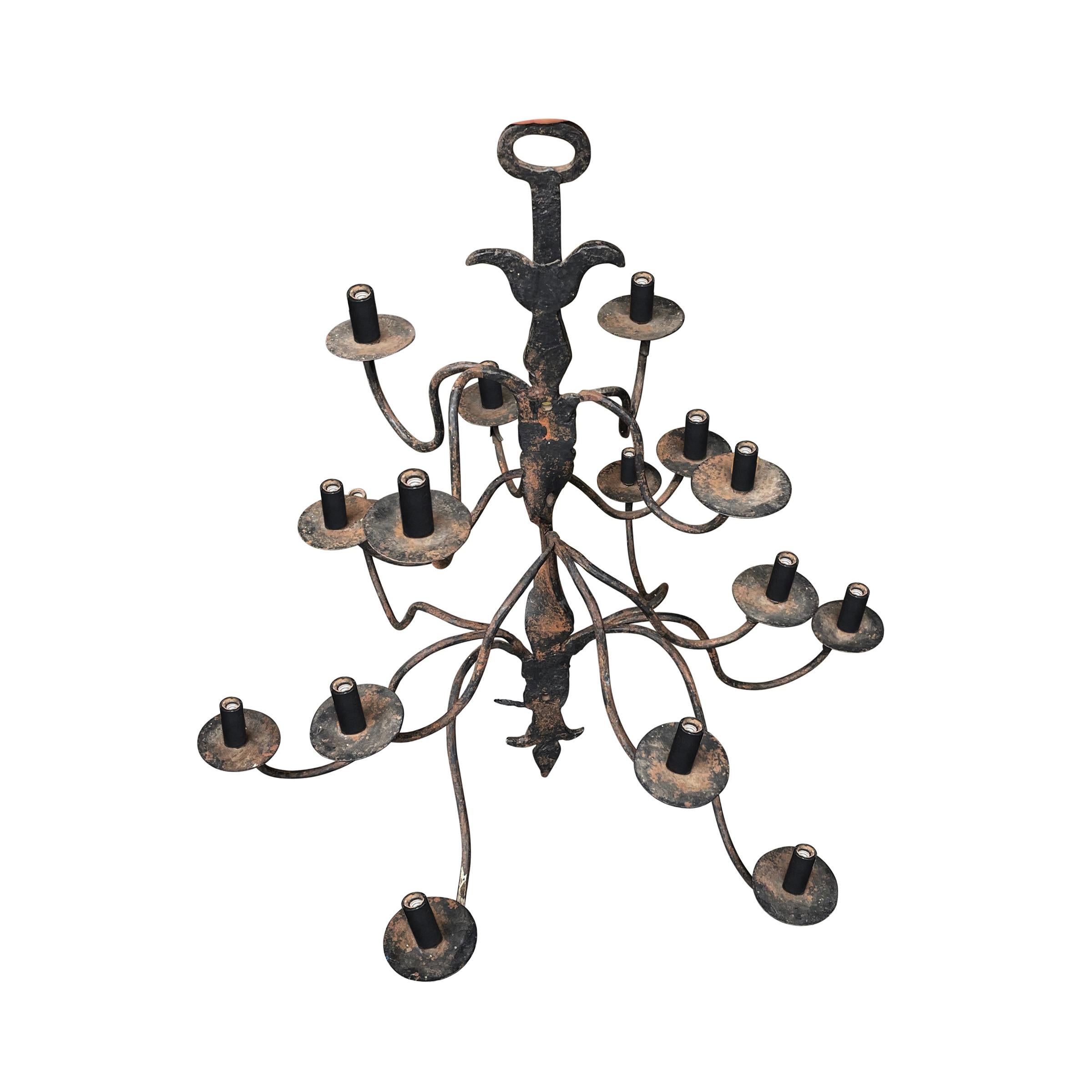 Wrought Iron 18th Century Quebecois Wrought-Iron Sixteen-Arm Chandelier