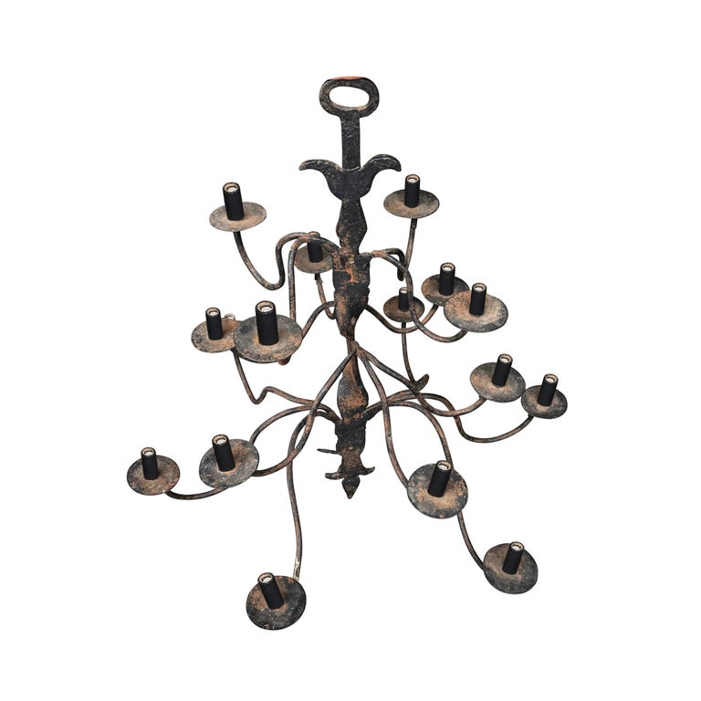 Wrought Iron 18th Century Quebecois Wrought-Iron Sixteen-Arm Chandelier For Sale
