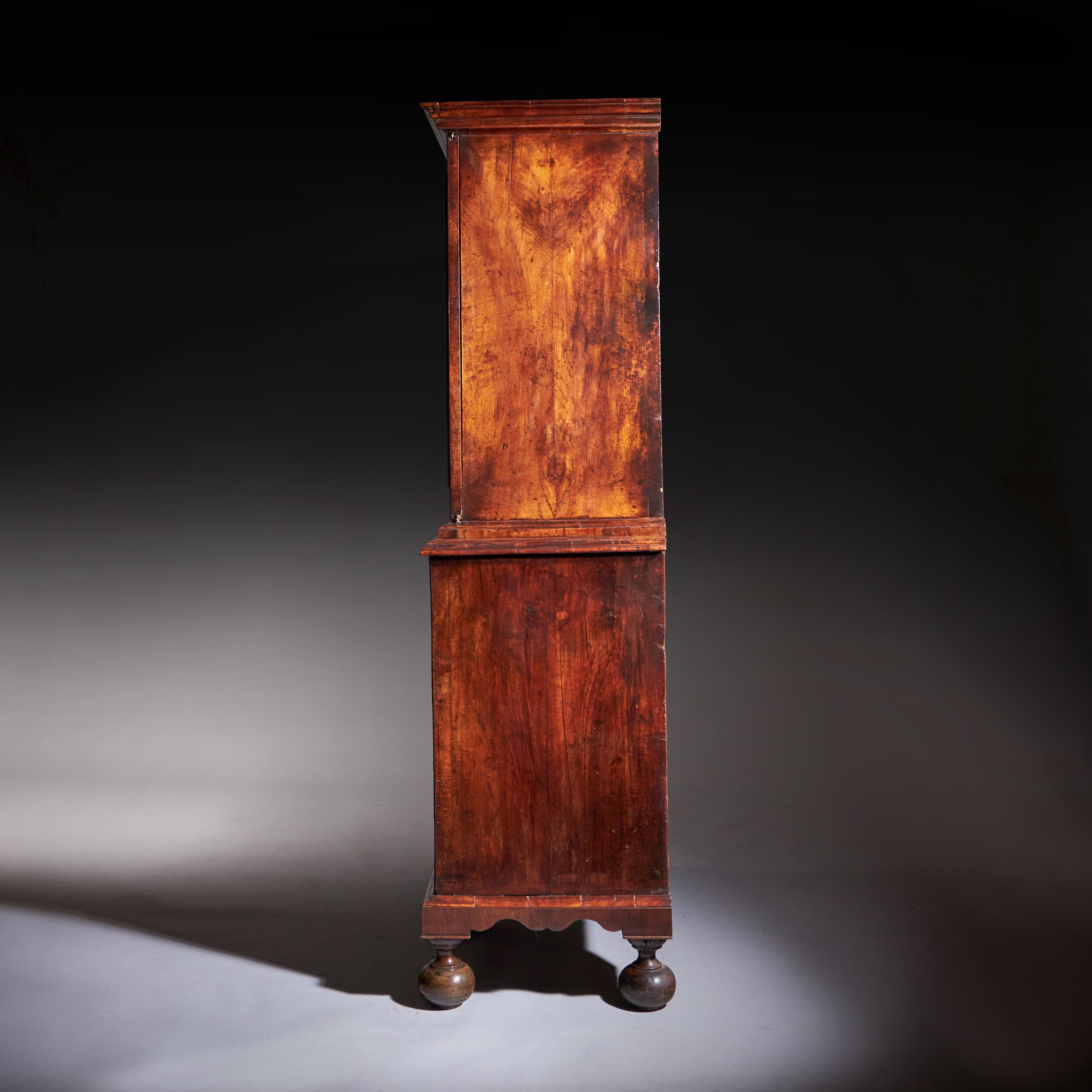 18th Century Queen Anne Burr Walnut mirrored Cabinet on Chest, Circa 1705-1715 For Sale 12