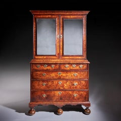 18th Century Queen Anne Burr Walnut mirrored Cabinet on Chest, Circa 1705-1715