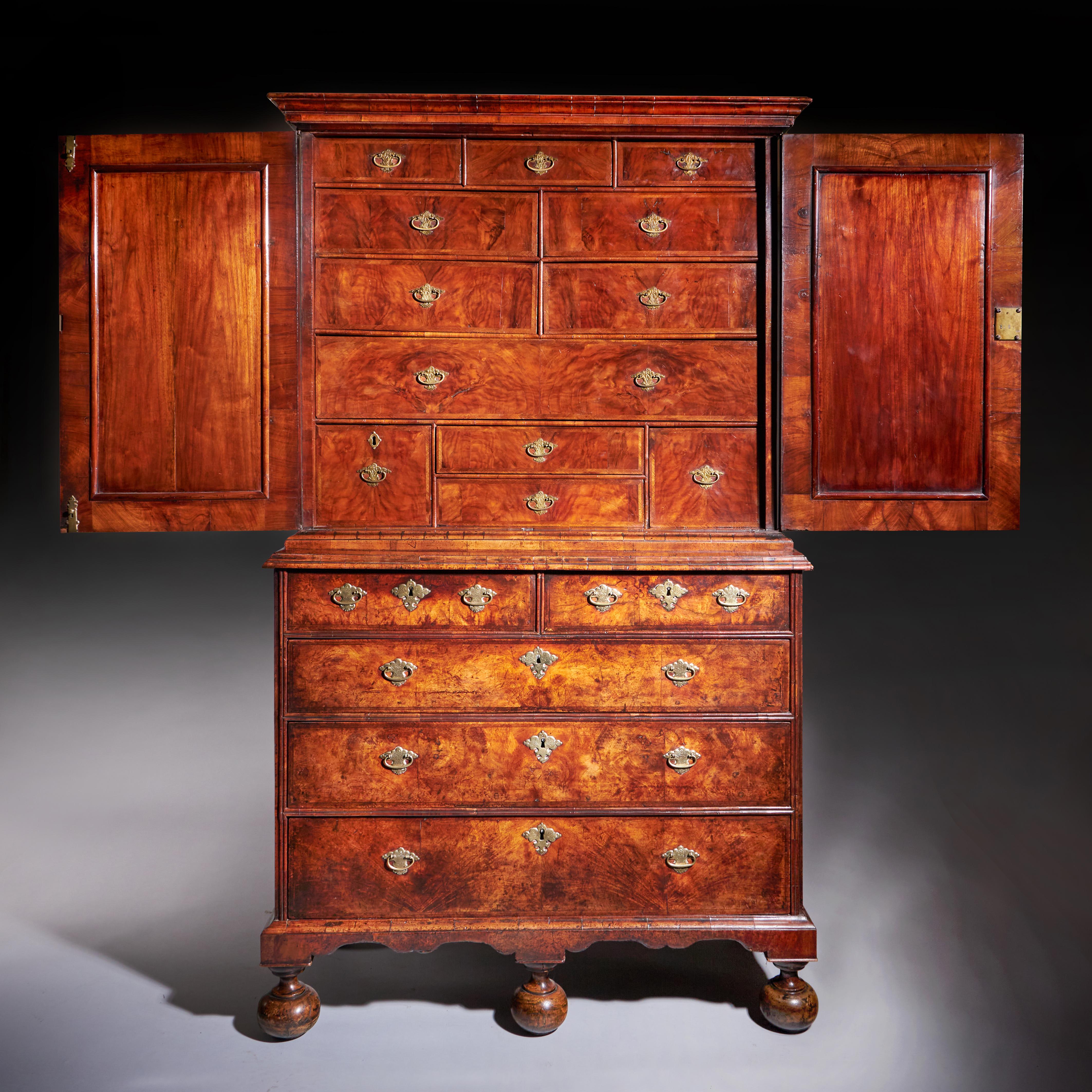 William and Mary 18th Century Queen Anne Burr Walnut mirrored Cabinet on Chest, Circa 1705-1715 For Sale
