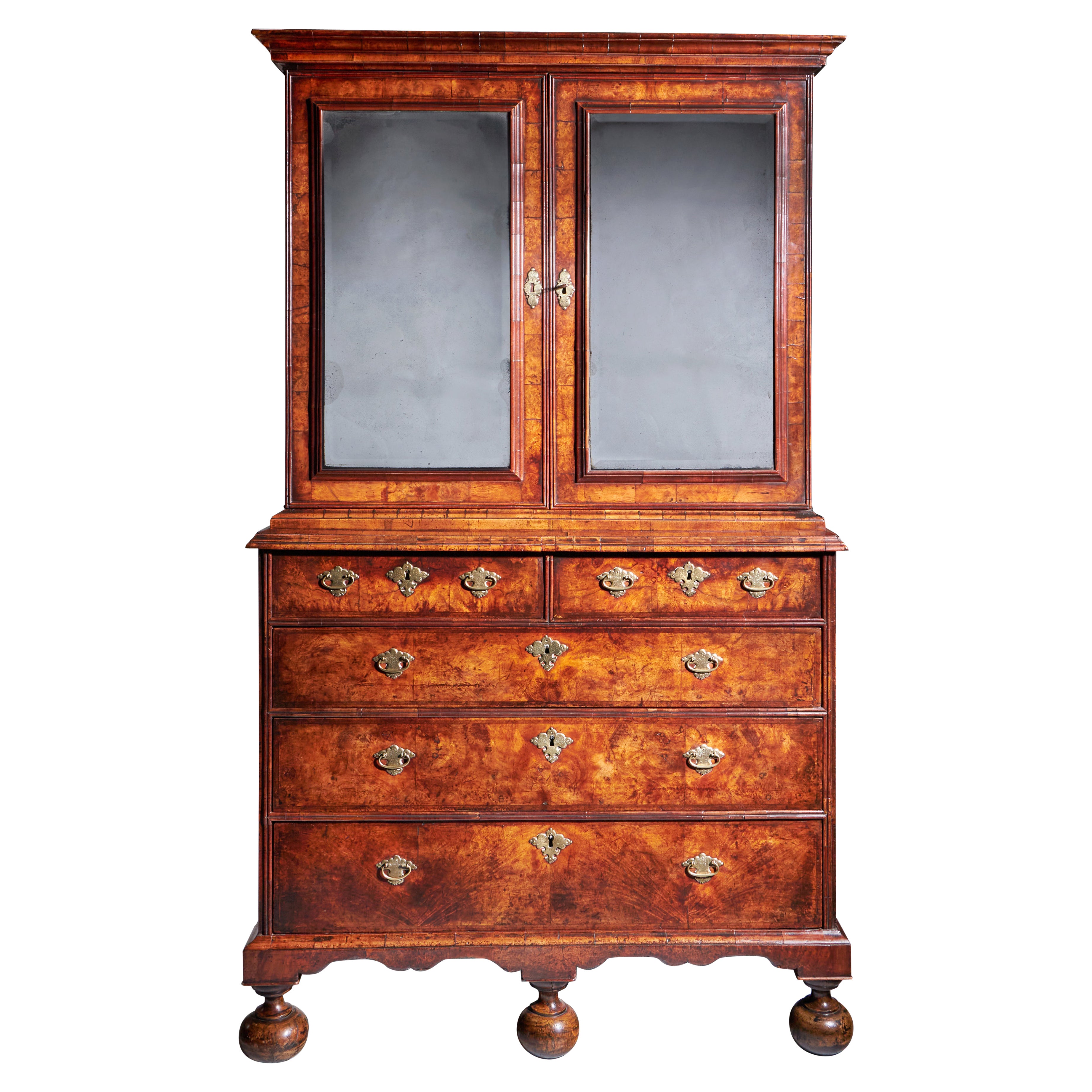 18th Century Queen Anne Burr Walnut mirrored Cabinet on Chest, Circa 1705-1715