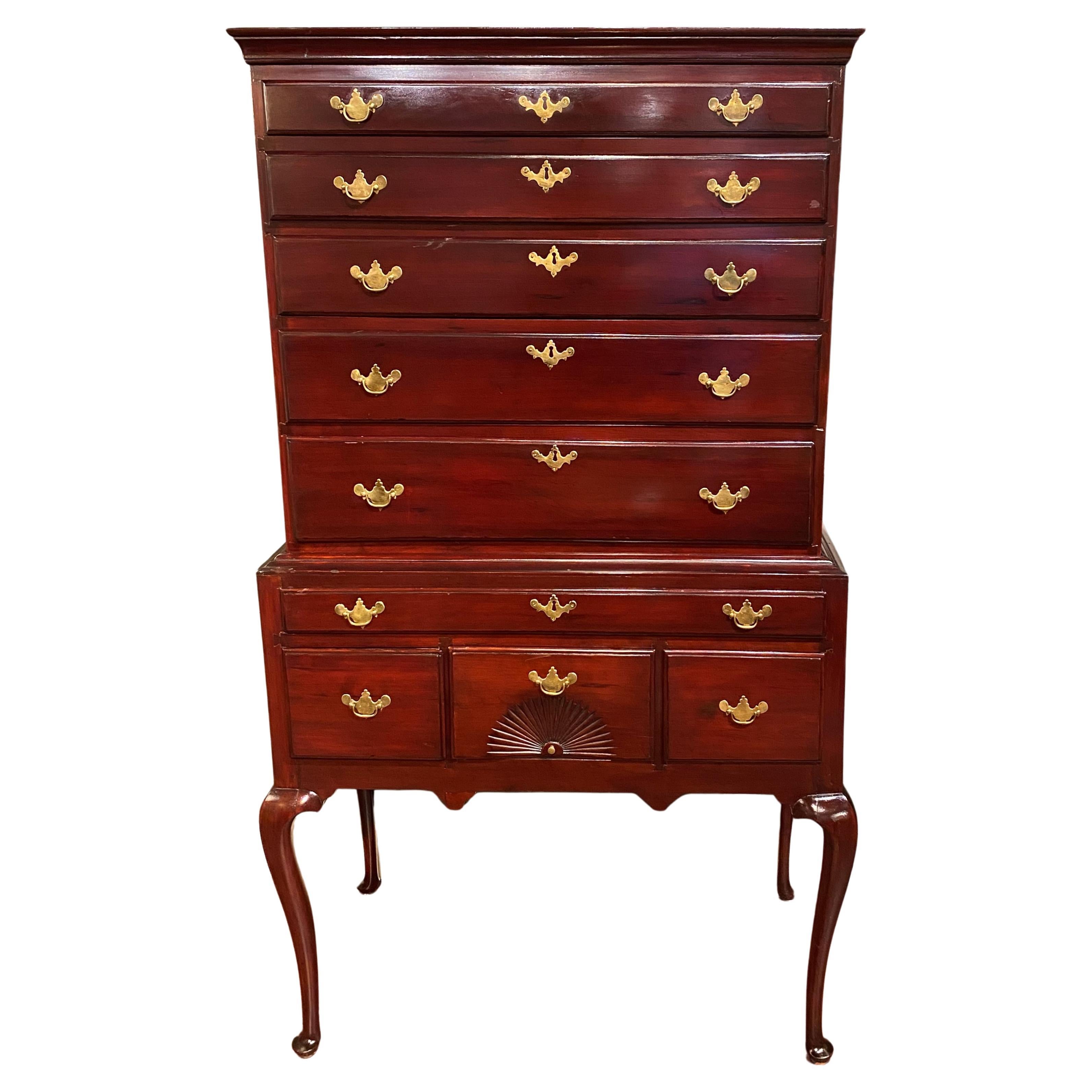 18th Century Queen Anne Cherry Wood Two Part Highboy with Radial Fan Carving For Sale