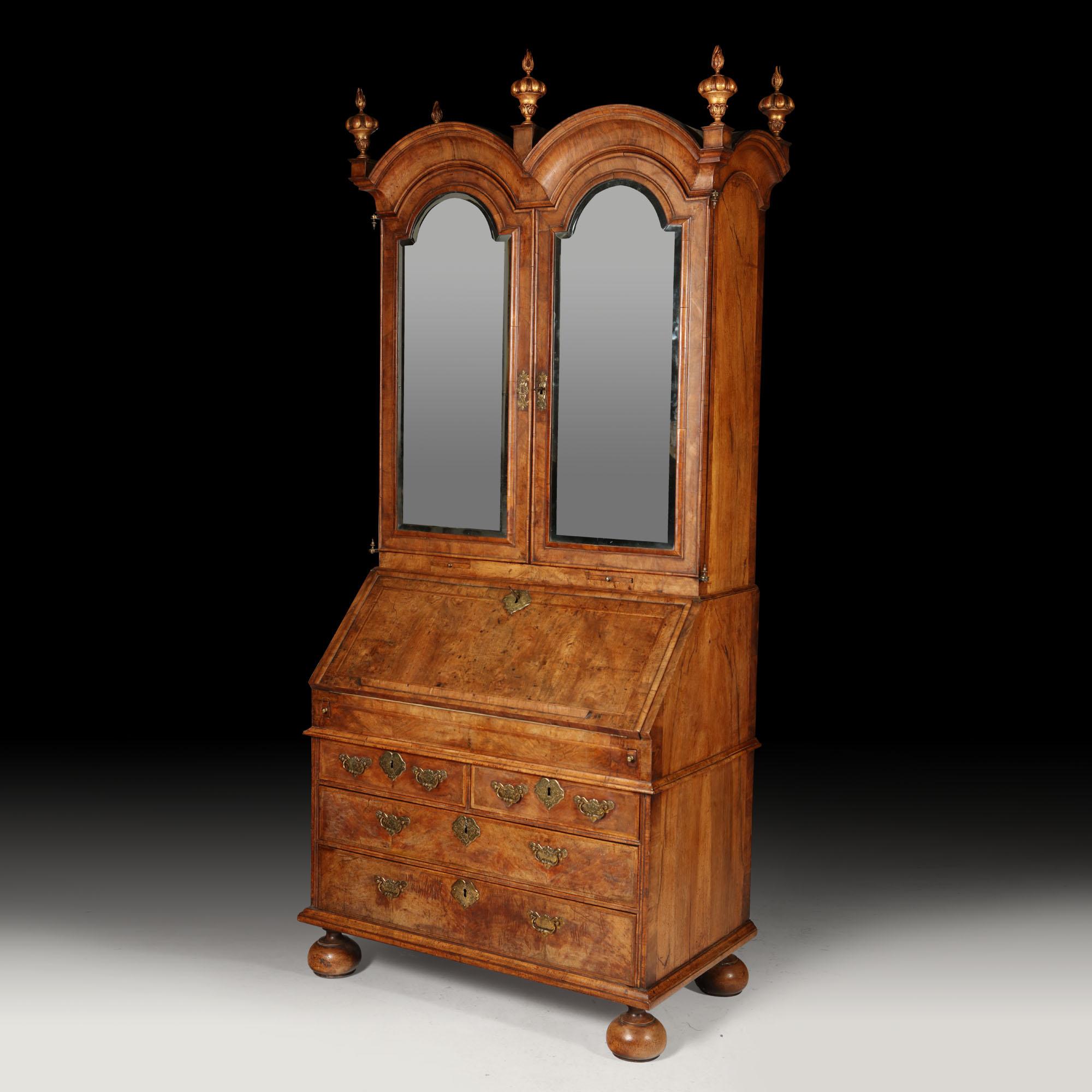 English 18th Century Queen Anne Figured Walnut Double Dome Bureau Bookcase
