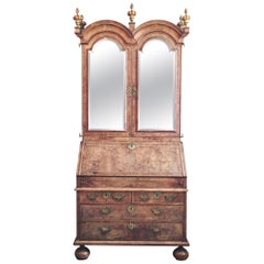 18th Century Queen Anne Figured Walnut Double Dome Bureau Bookcase