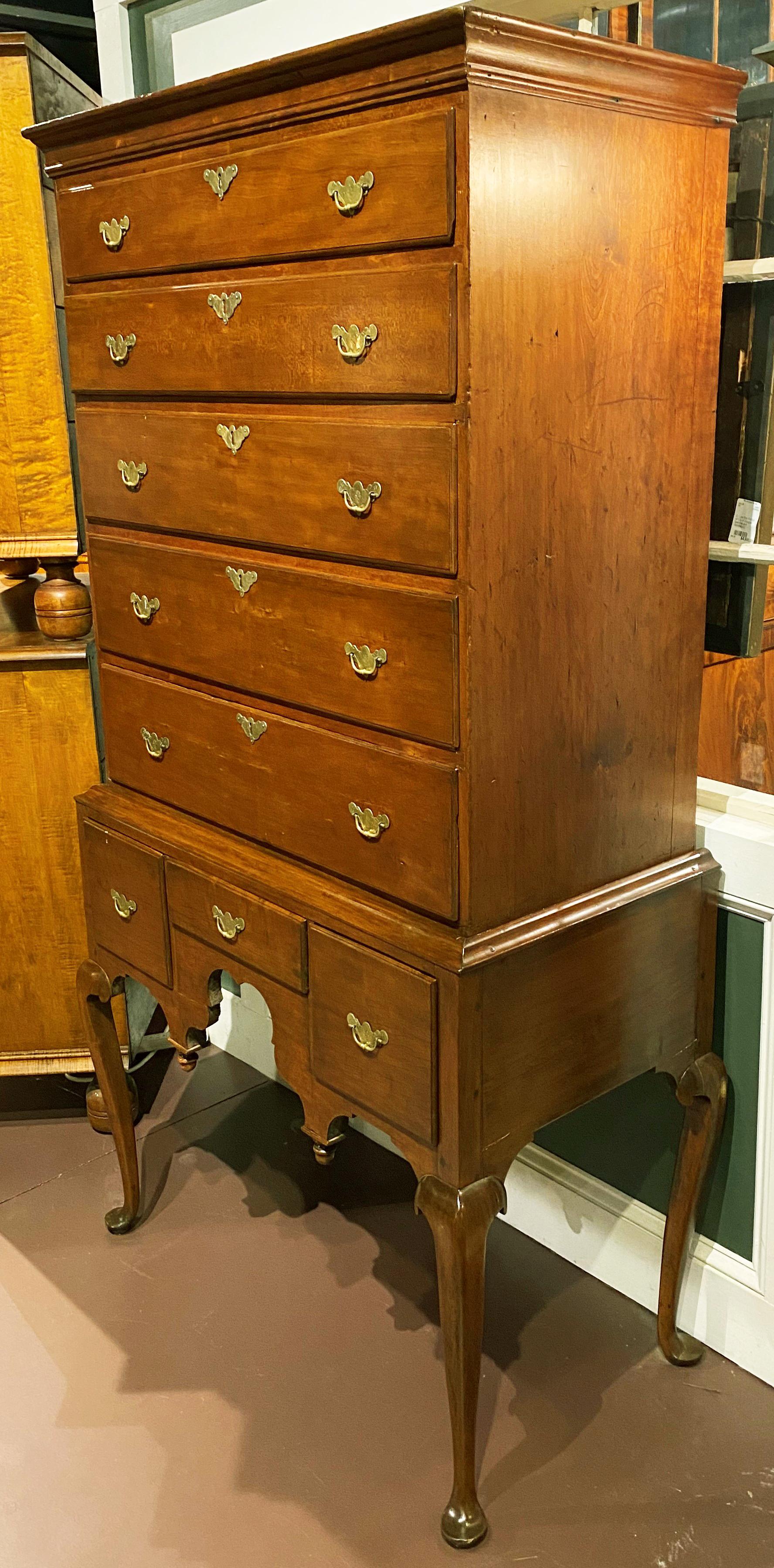 American 18th Century Queen Anne Highboy with Engraved Brasses For Sale