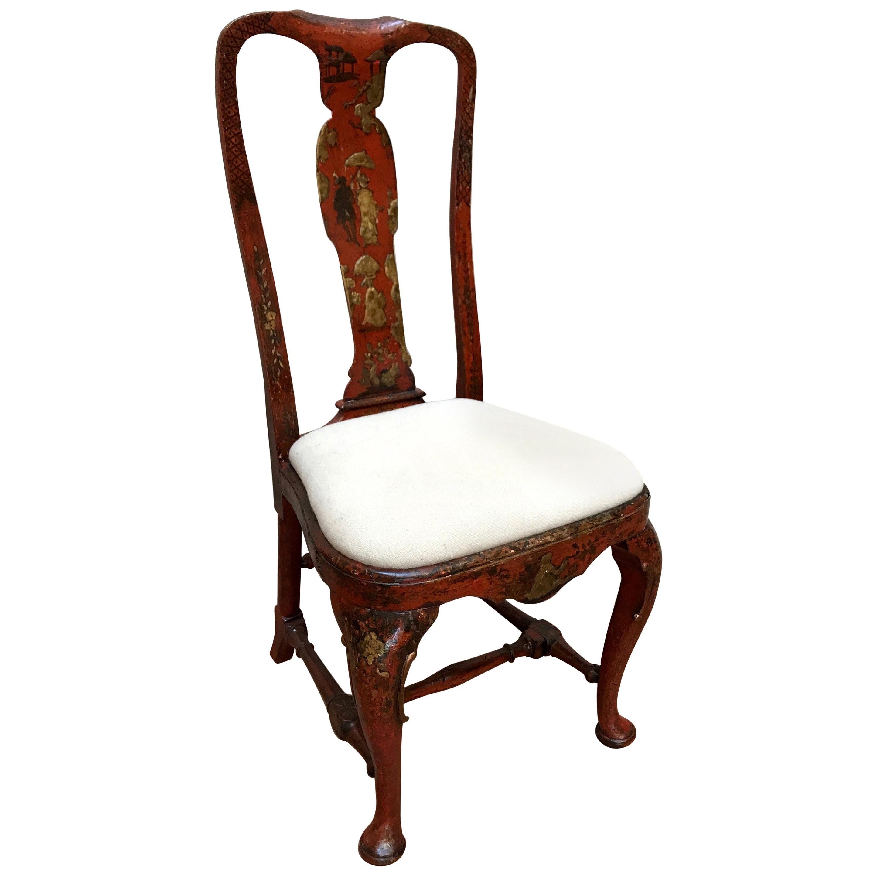 18th Century Queen Anne Period Red Lacquer and Gold Gilt Side Chair