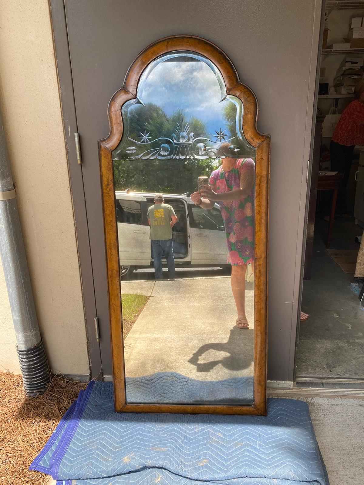 18th century Queen Anne walnut etched mirror.