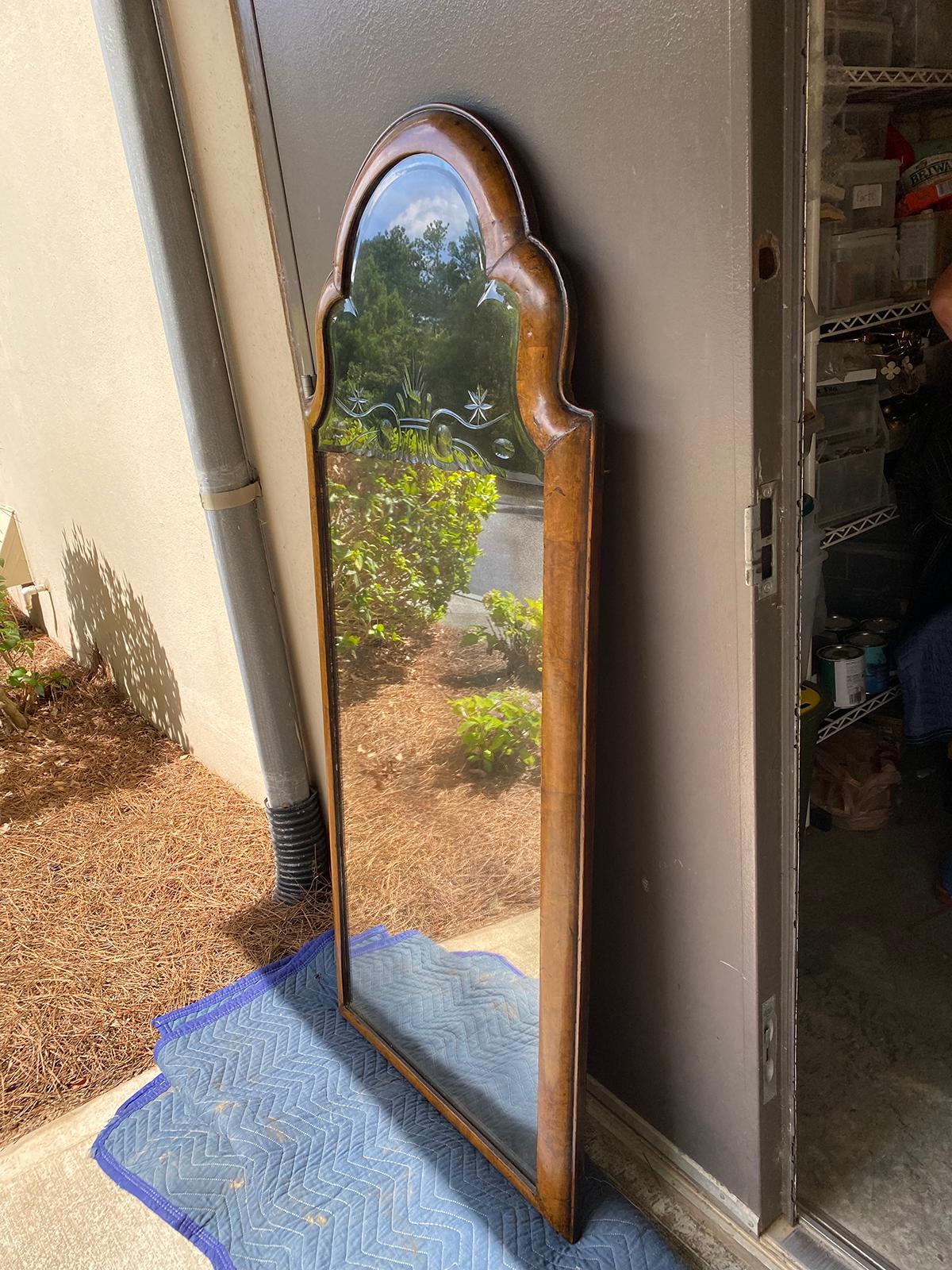 18th Century and Earlier 18th Century Queen Anne Walnut Etched Mirror