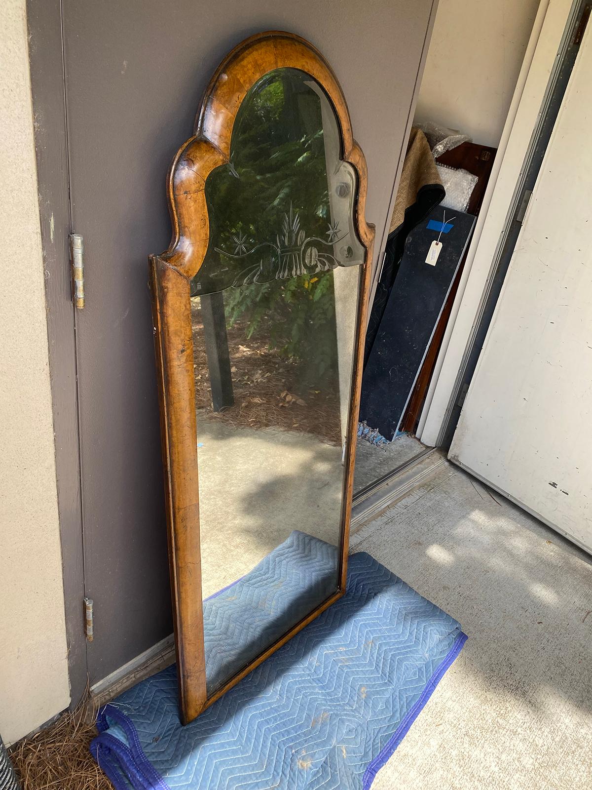 18th Century Queen Anne Walnut Etched Mirror 1