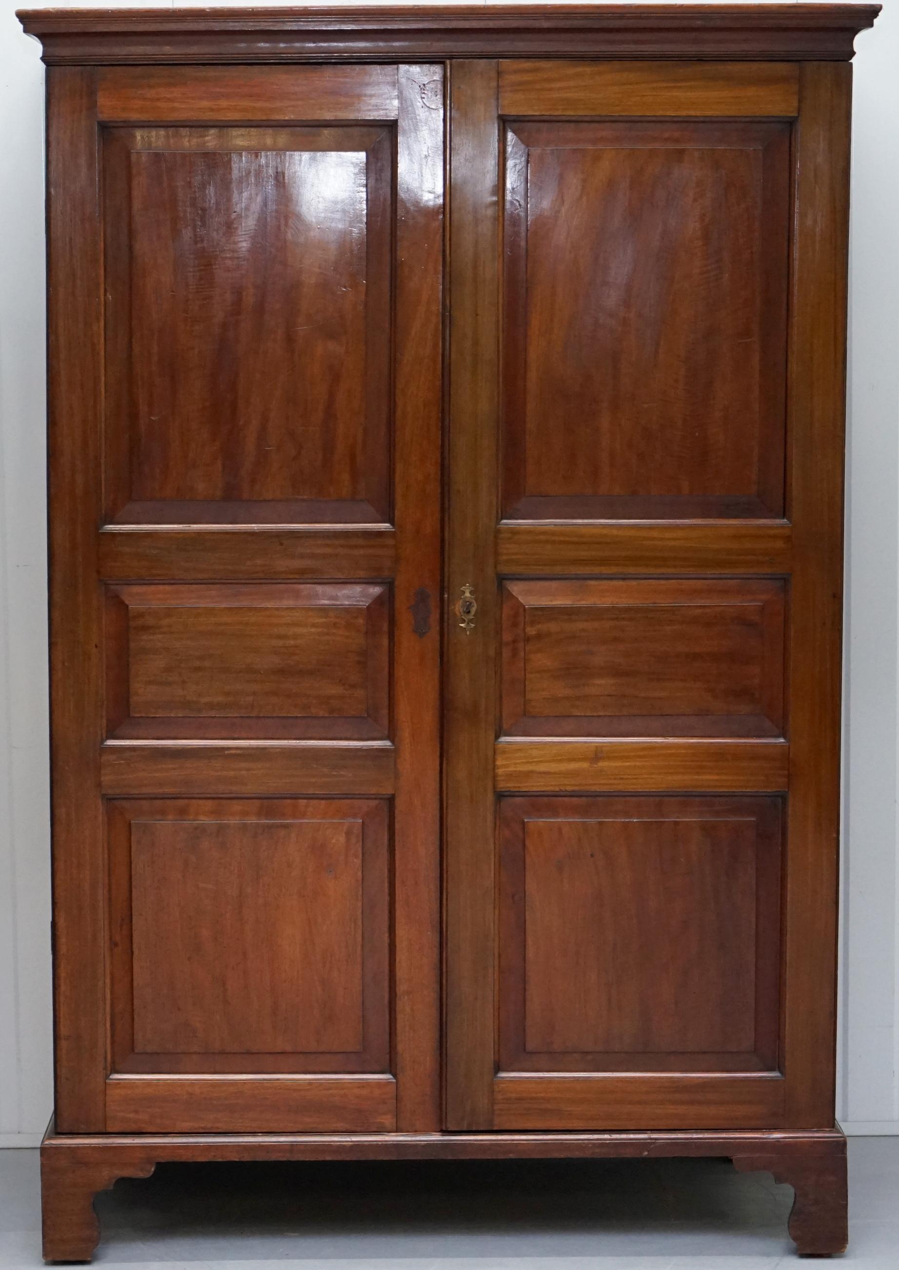 We are delighted to offer for sale this lovely panelled mahogany Georgian wardrobe, circa 1780

What can I say, a truly stunning survivor, the premium cuts of mahogany have a wonderful glow to them, the wardrobe came to us with the linen lining,