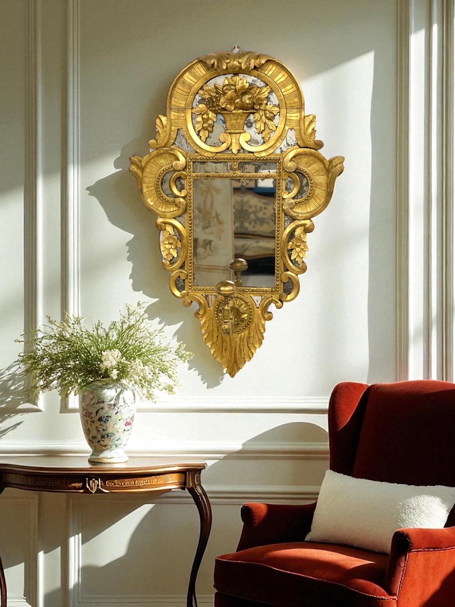 French 18th Century Rare Giltwood Parcloses Mirror with Wig Stand Arm For Sale