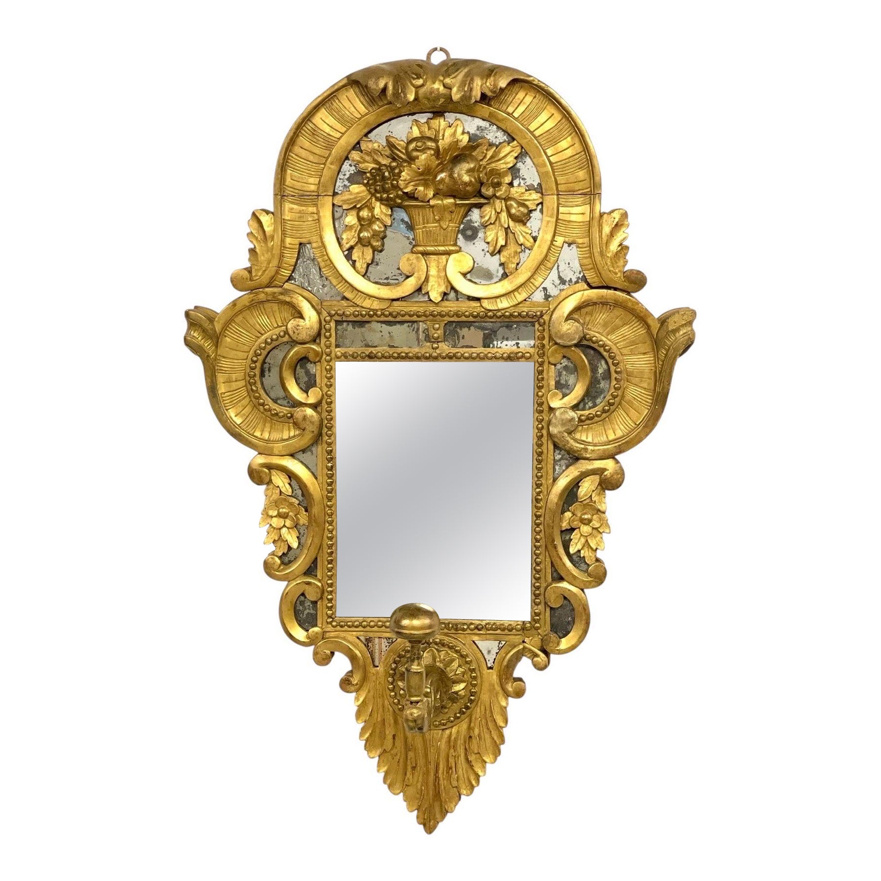 18th Century Rare Giltwood Parcloses Mirror with Wig Stand Arm For Sale