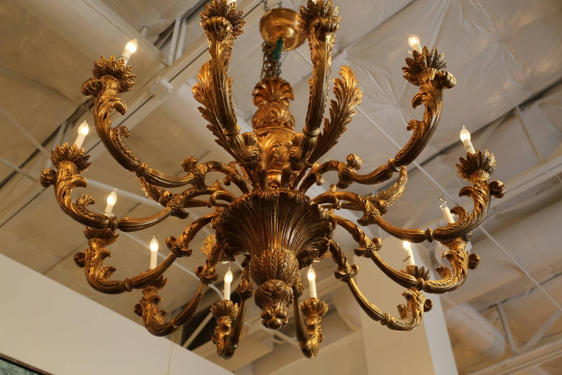 Renaissance 18th Century Recreation Hand-Carved Chandelier in Gold Gilt 12-Light One Tier For Sale