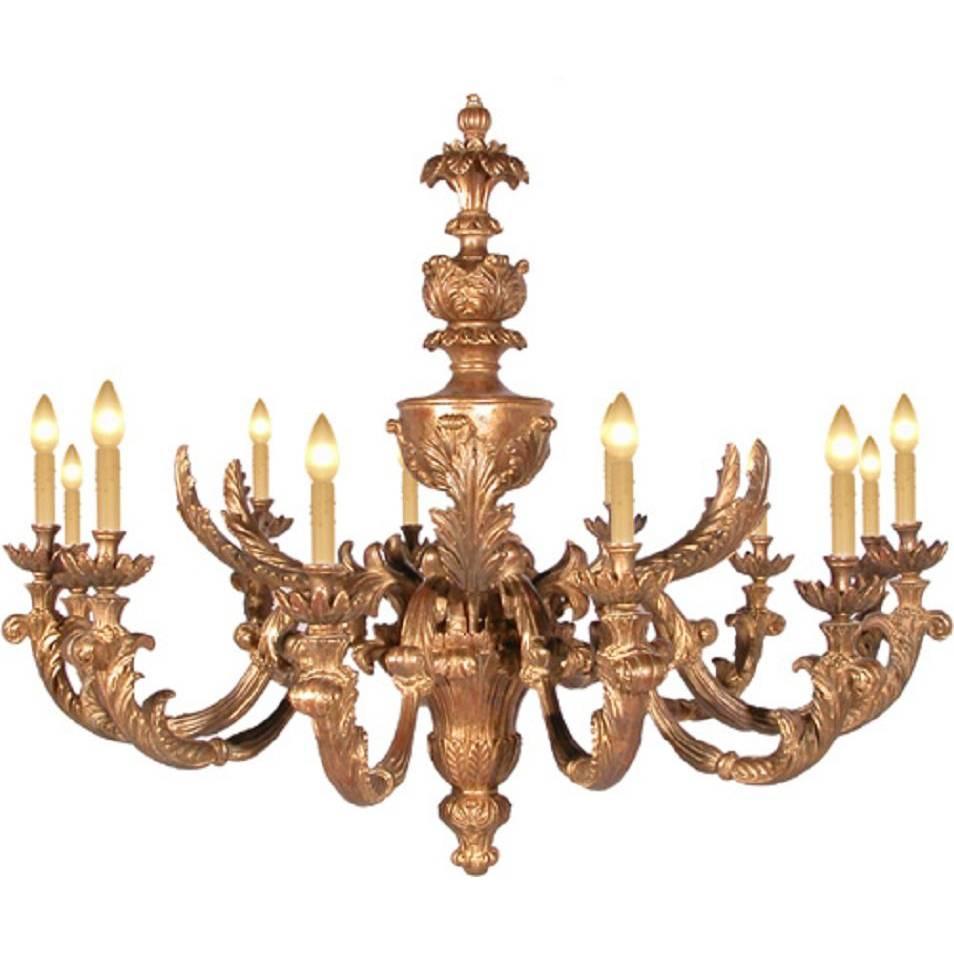 18th Century Recreation Hand-Carved Chandelier in Gold Gilt 12-Light One Tier For Sale