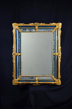 18th Century Rectangular Gilded Wood and Blue Glass Paste Venetian Wall Mirror