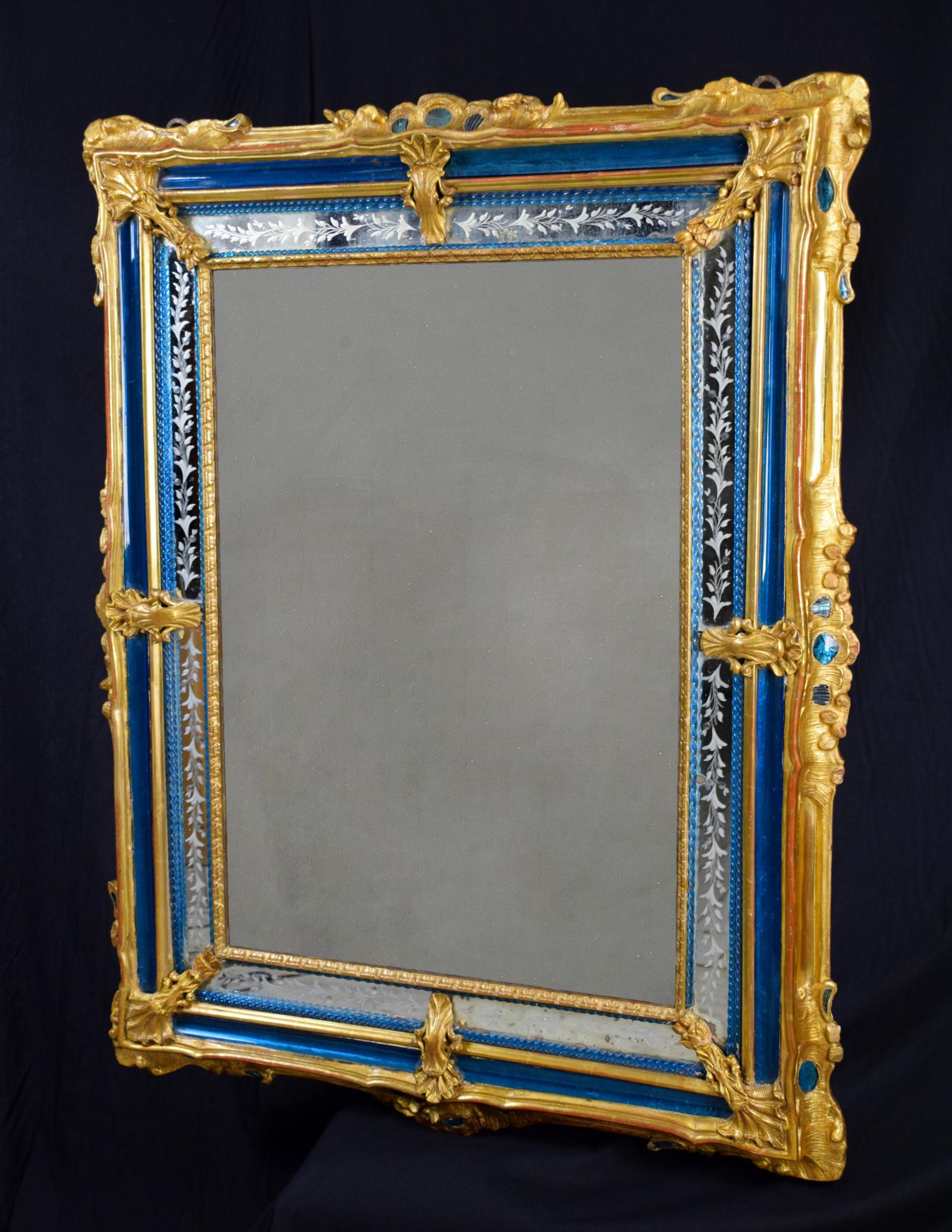 Baroque 18th Century Rectangular Gilded Wood and Blue Glass Paste Venetian Wall Mirror
