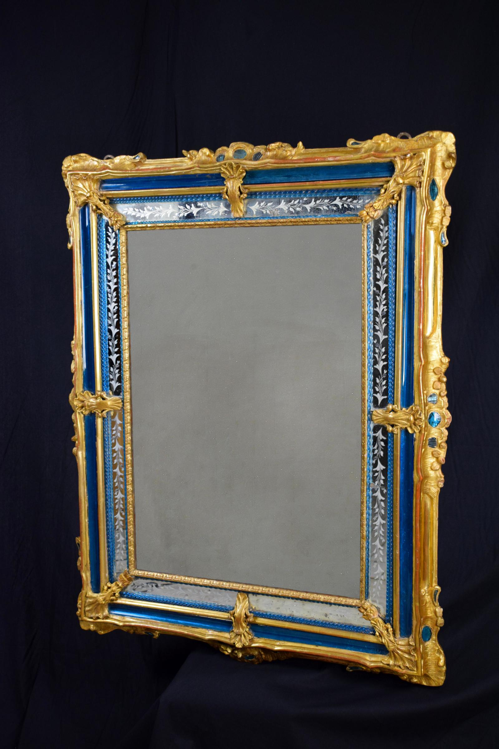 Italian 18th Century Rectangular Gilded Wood and Blue Glass Paste Venetian Wall Mirror