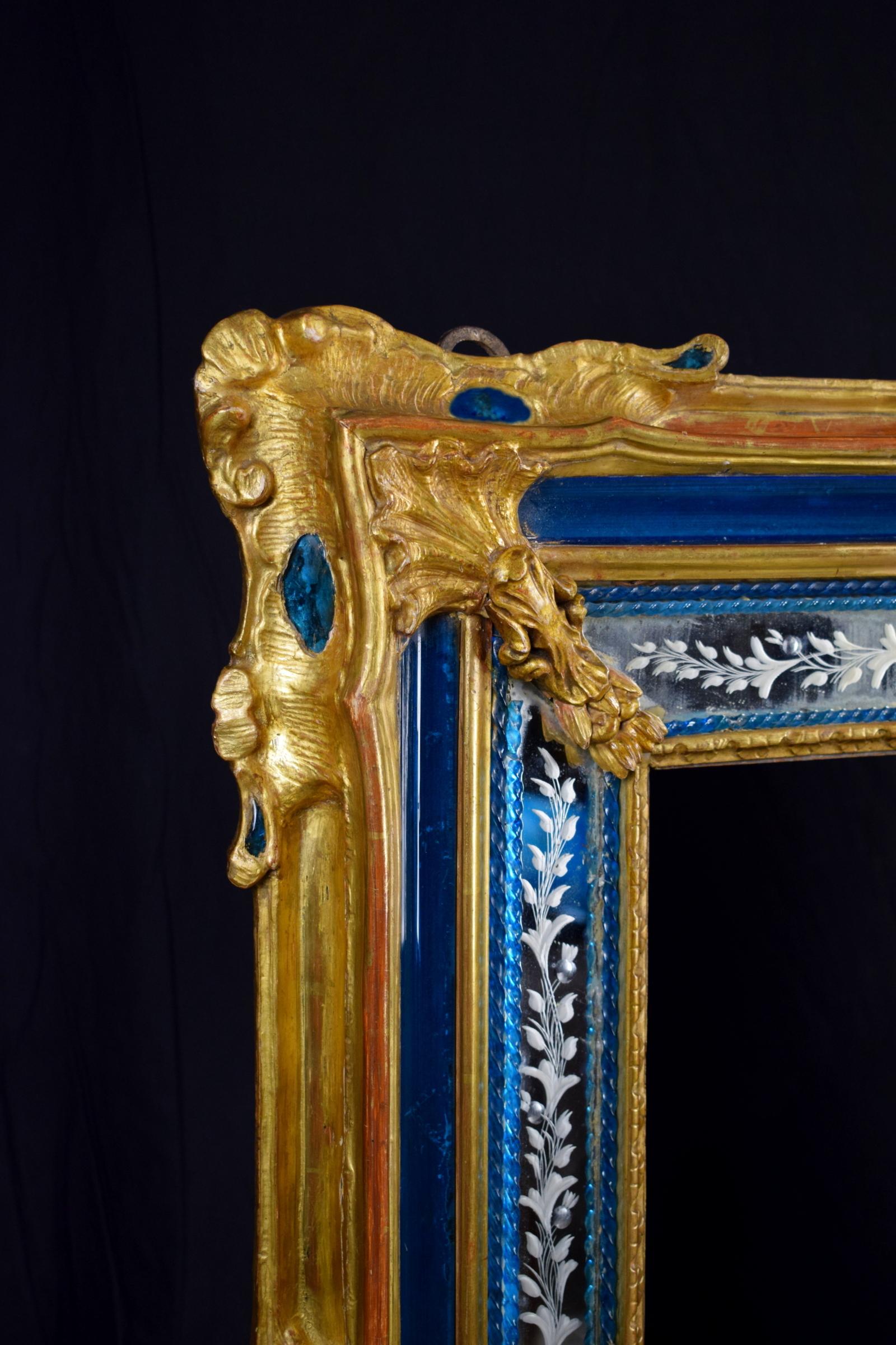 18th Century Rectangular Gilded Wood and Blue Glass Paste Venetian Wall Mirror 1