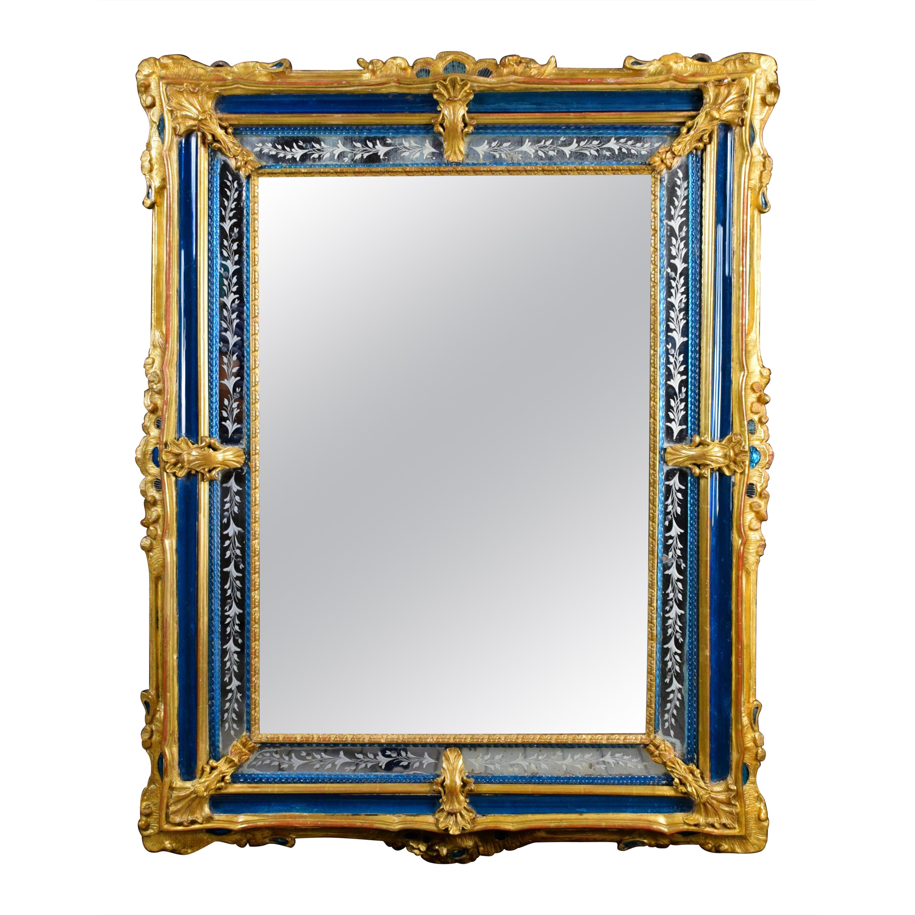 18th Century Rectangular Gilded Wood and Blue Glass Paste Venetian Wall Mirror