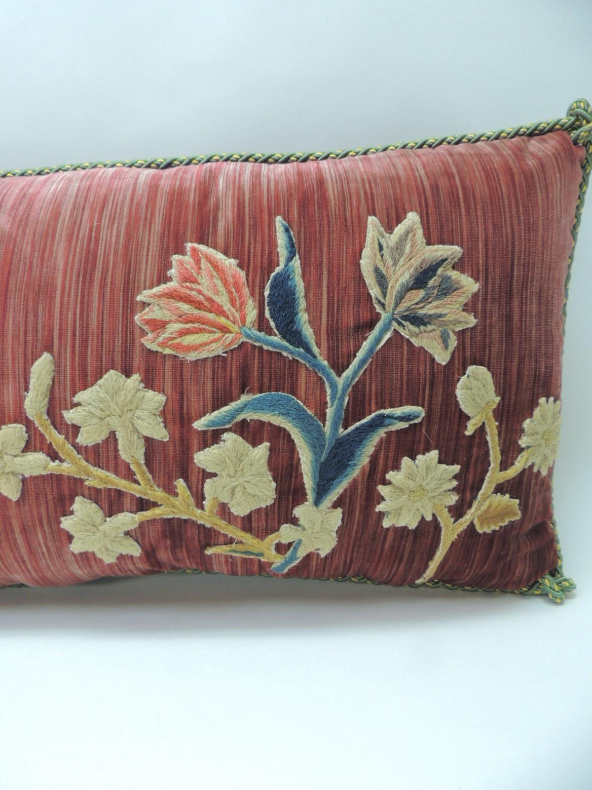 Victorian 18th Century Red Hand-Applique Bolster Decorative Silk Velvet Pillow