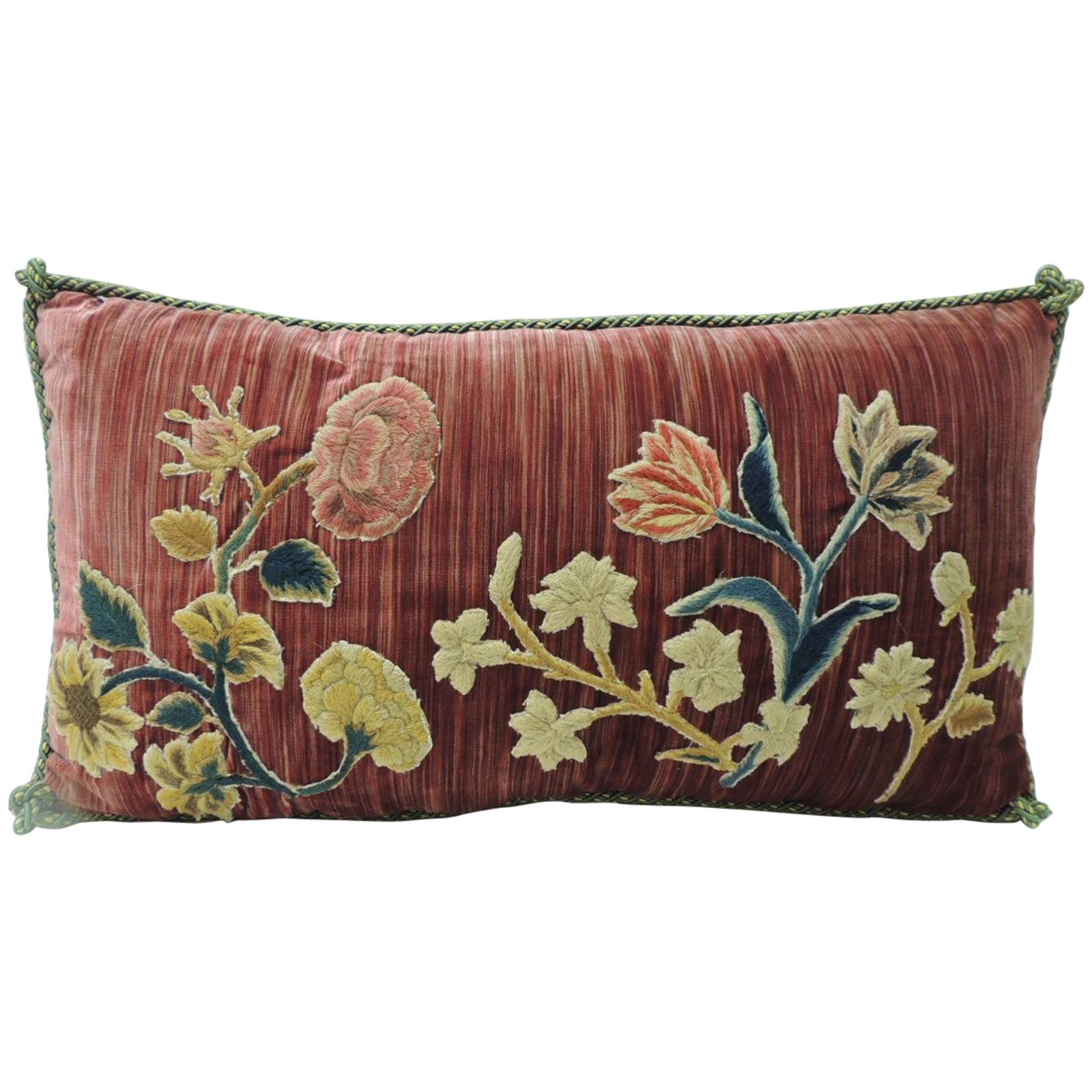 18th Century Red Hand-Applique Bolster Decorative Silk Velvet Pillow